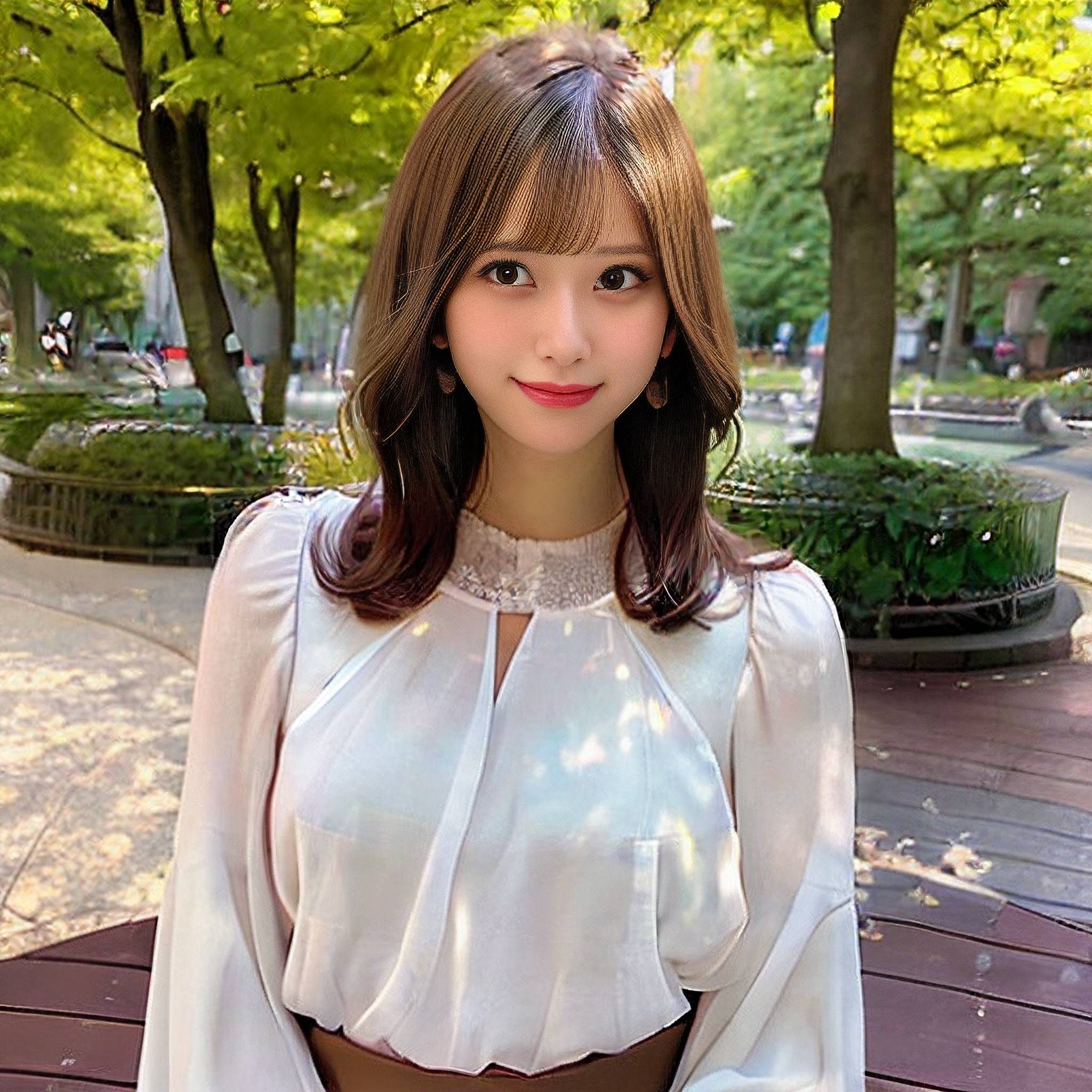 a woman in a white dress sitting on a wooden bench 