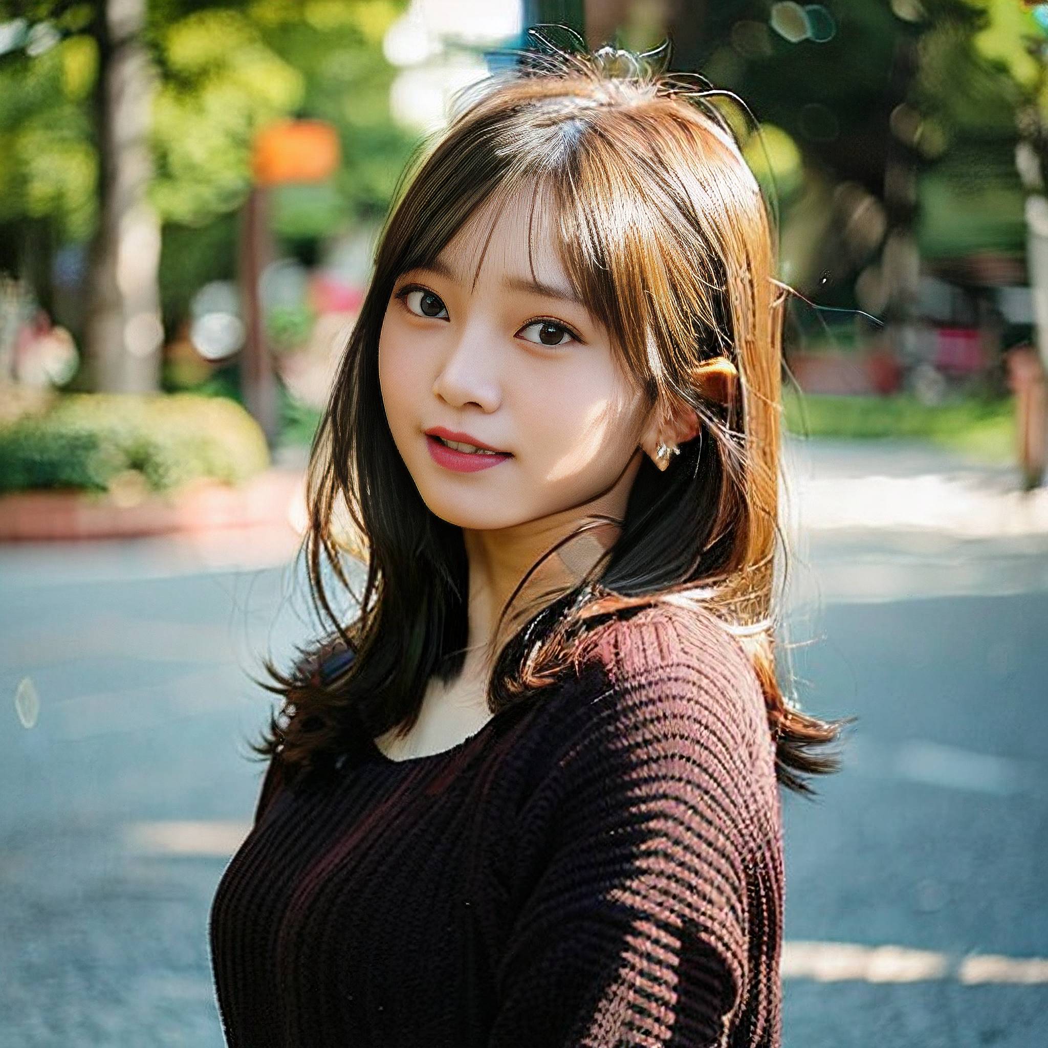 a woman standing in the middle of a street 