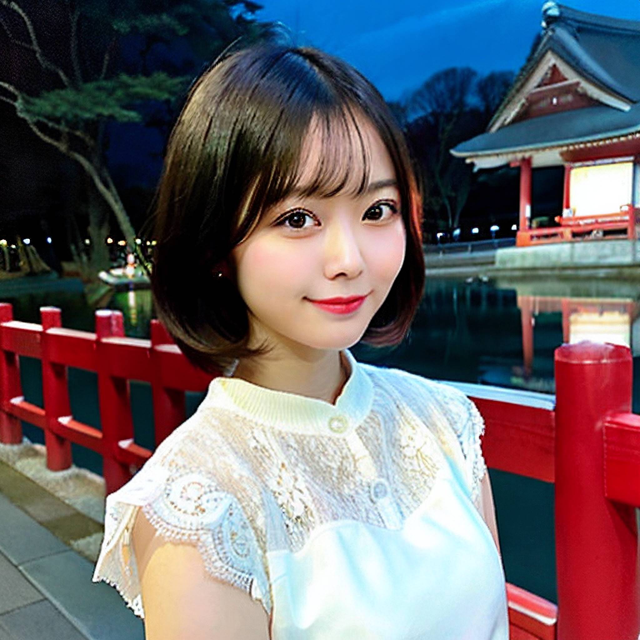 a young girl posing for a picture in front of a building 