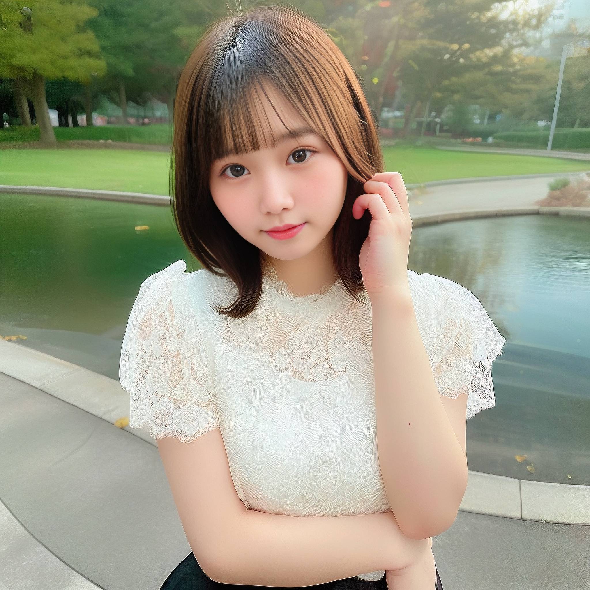 a beautiful young woman holding a cell phone in front of a lake 