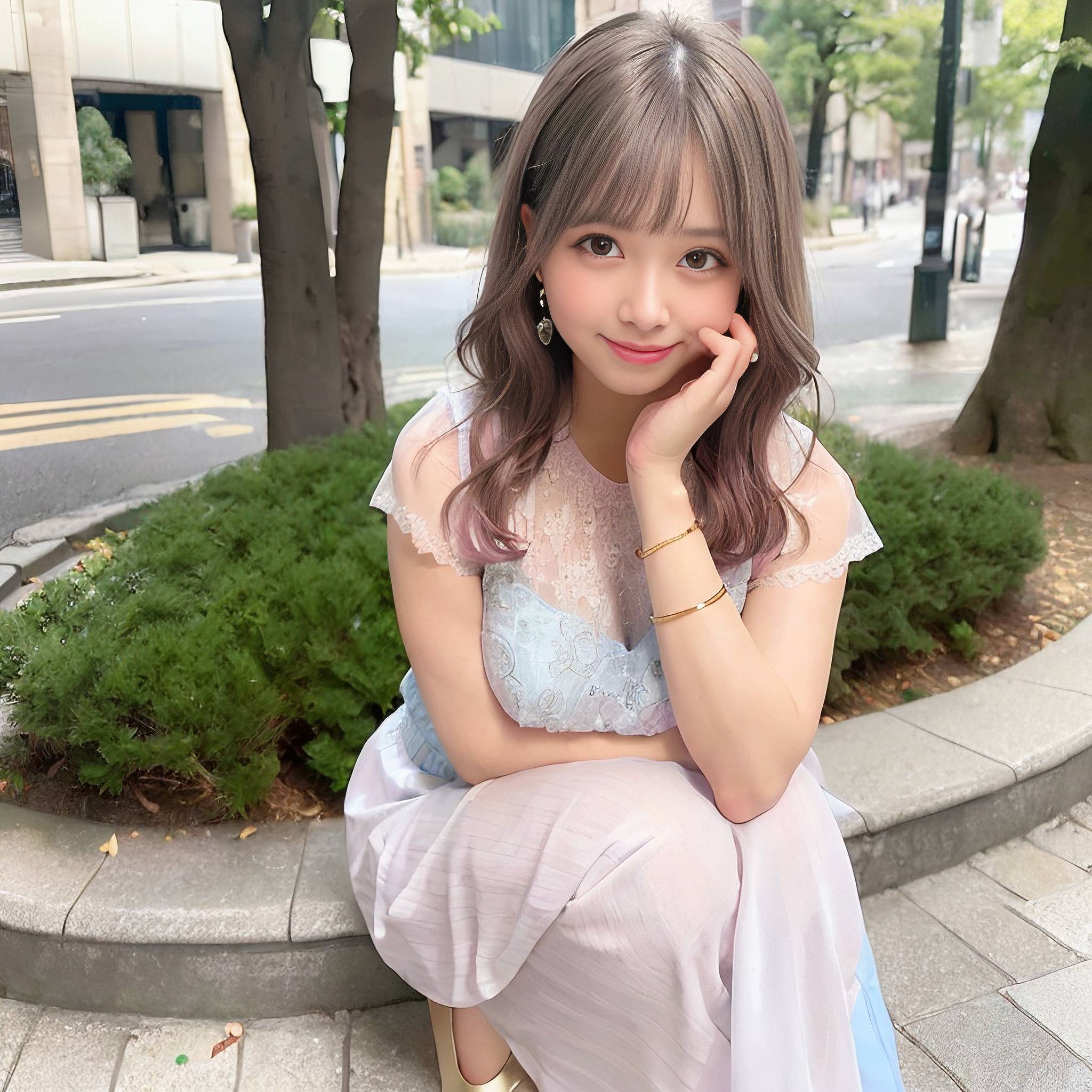 a young woman sitting on a sidewalk talking on a cell phone 