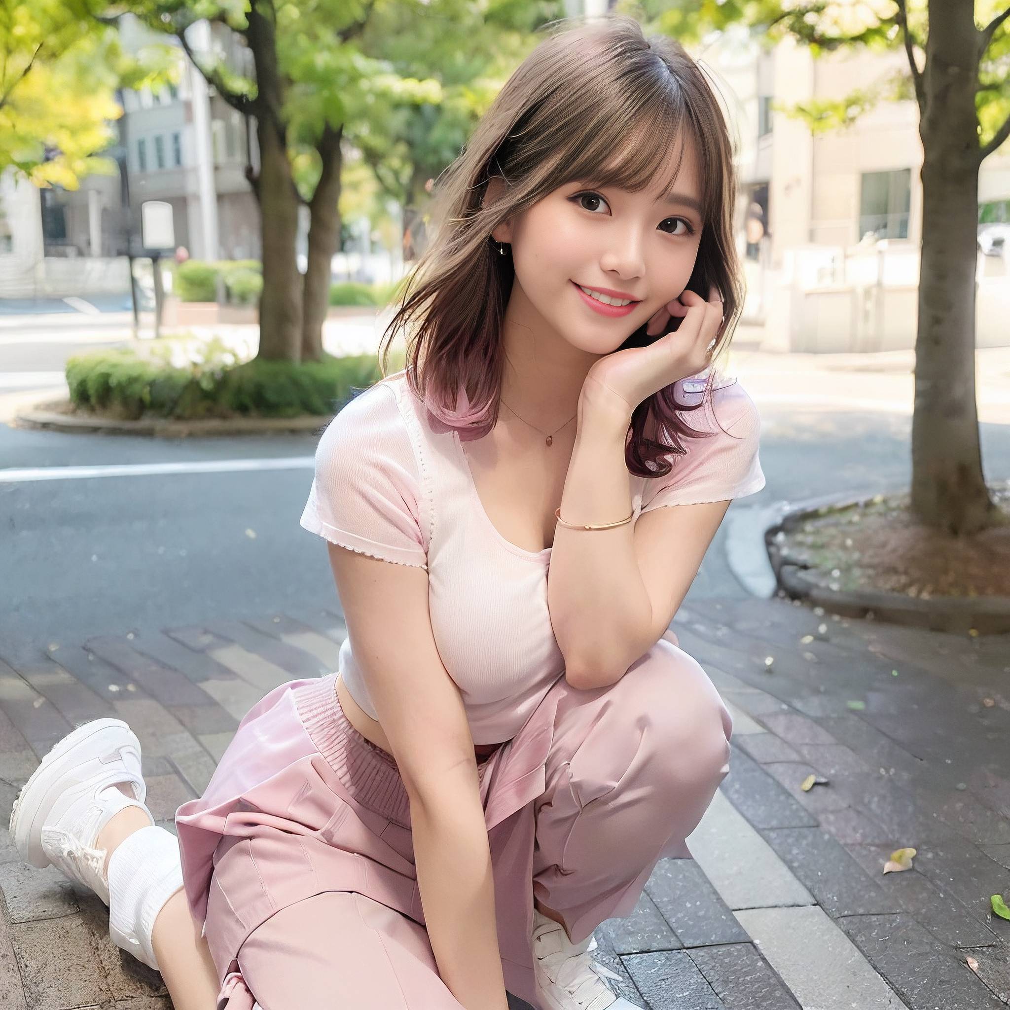 a woman sitting on the sidewalk talking on a cell phone 