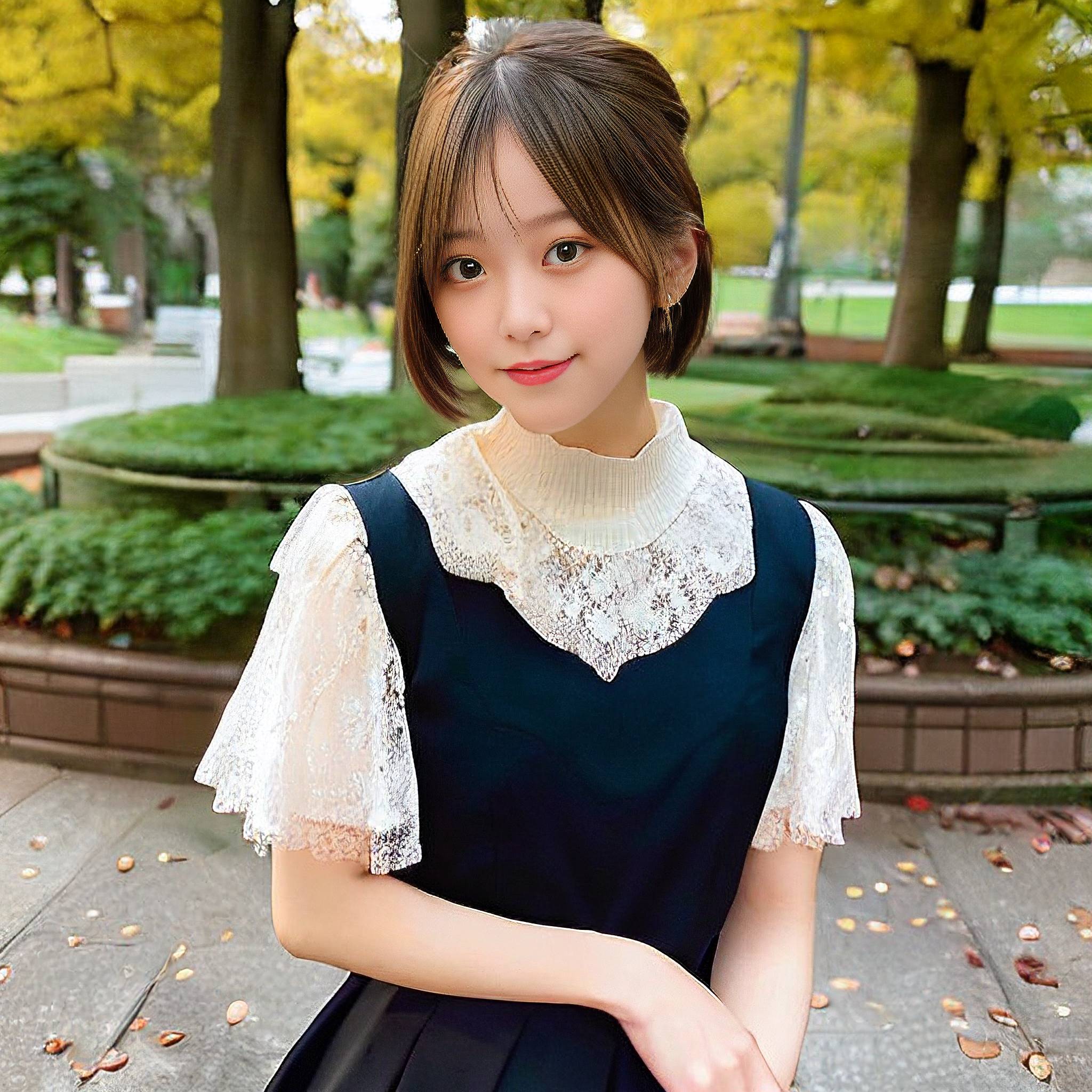 a young girl in a dress standing on a park bench 