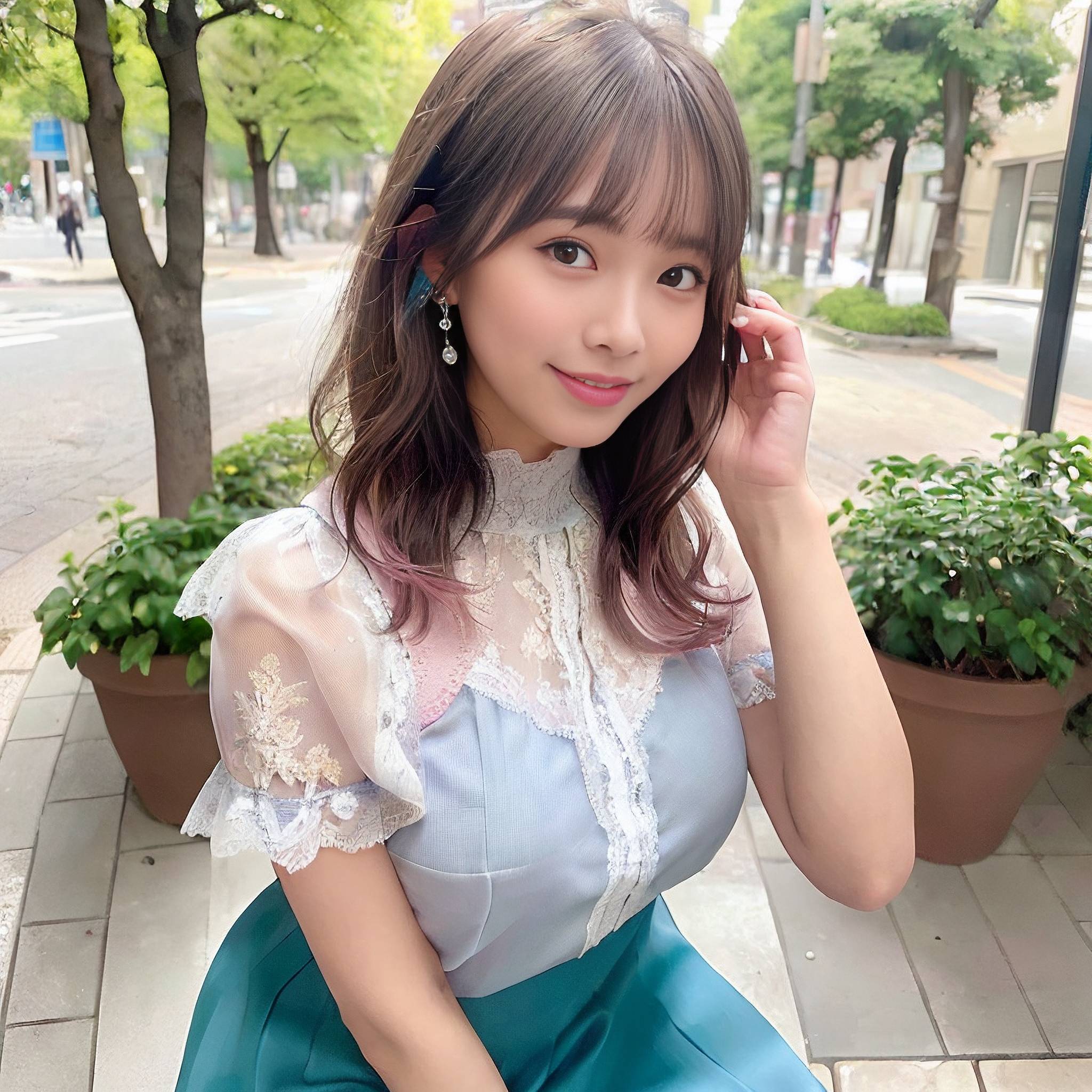 a woman in a pink dress holding a cell phone 