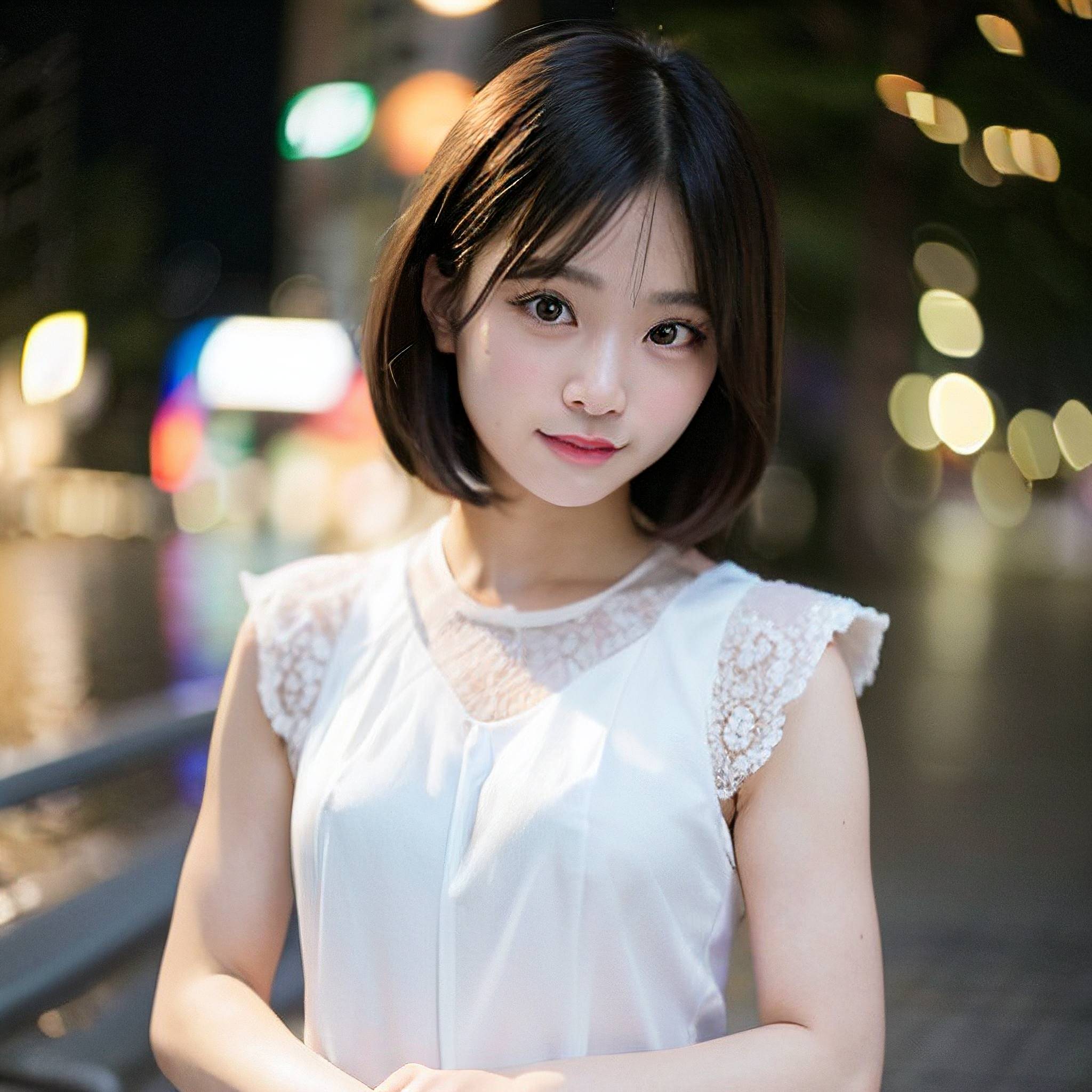 a beautiful young woman standing on a sidewalk next to a river 