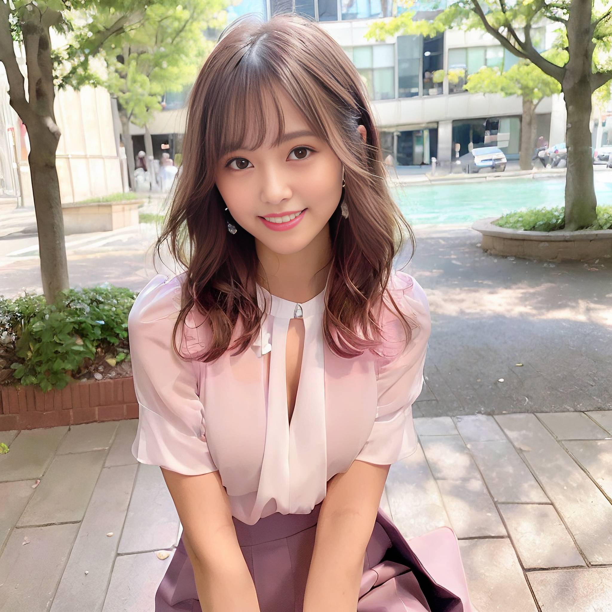 a young girl posing for a picture on a sidewalk 