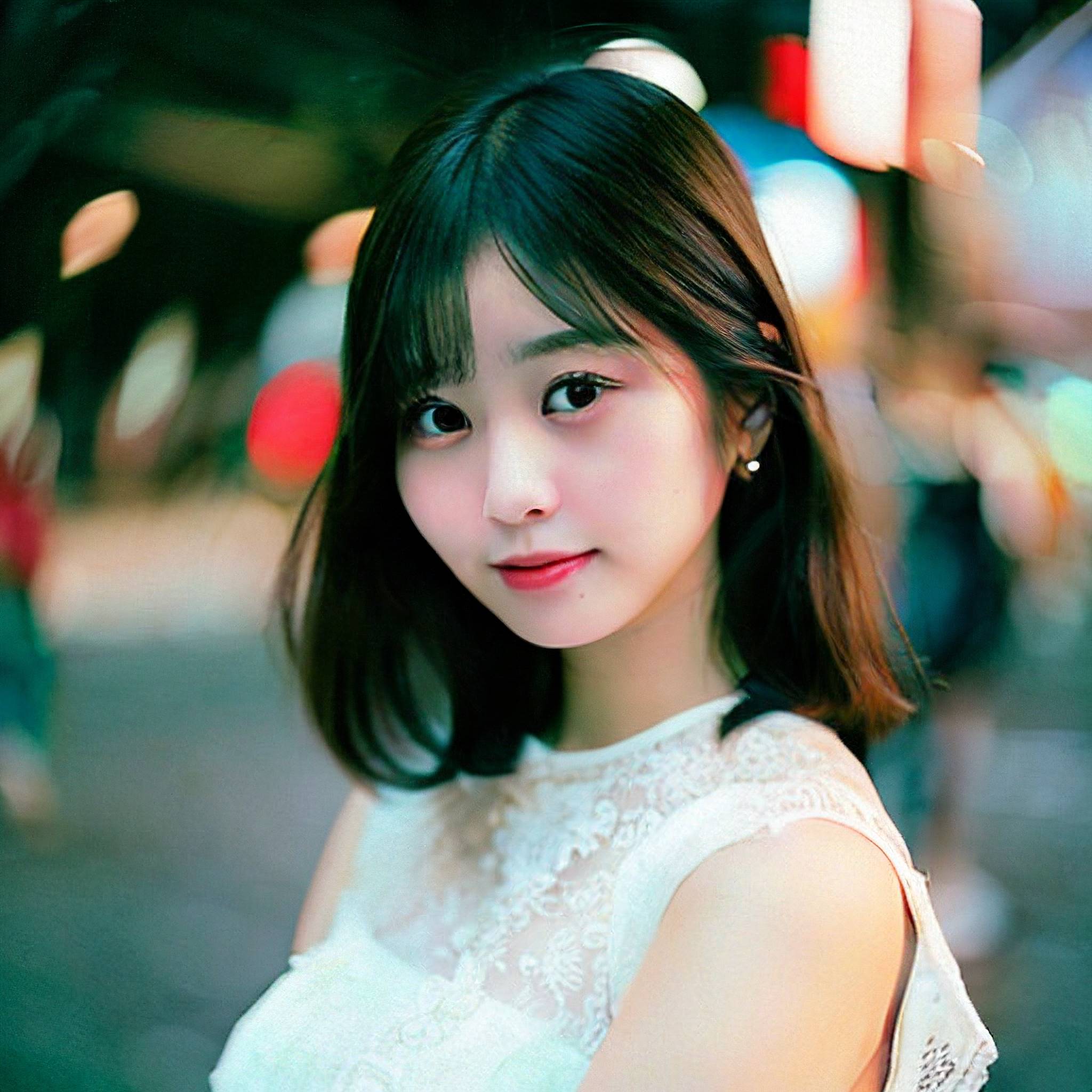 a beautiful young woman standing in the middle of a street 
