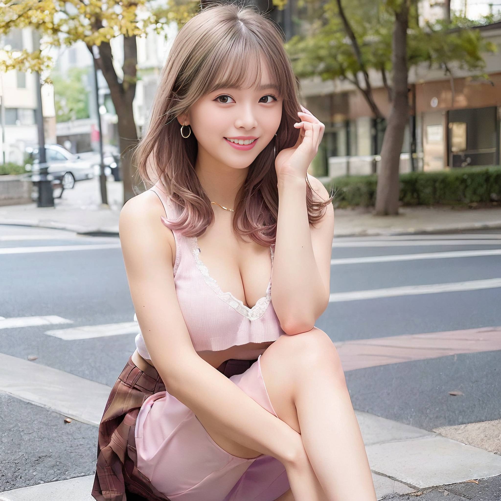 a pretty young lady sitting on a city street 