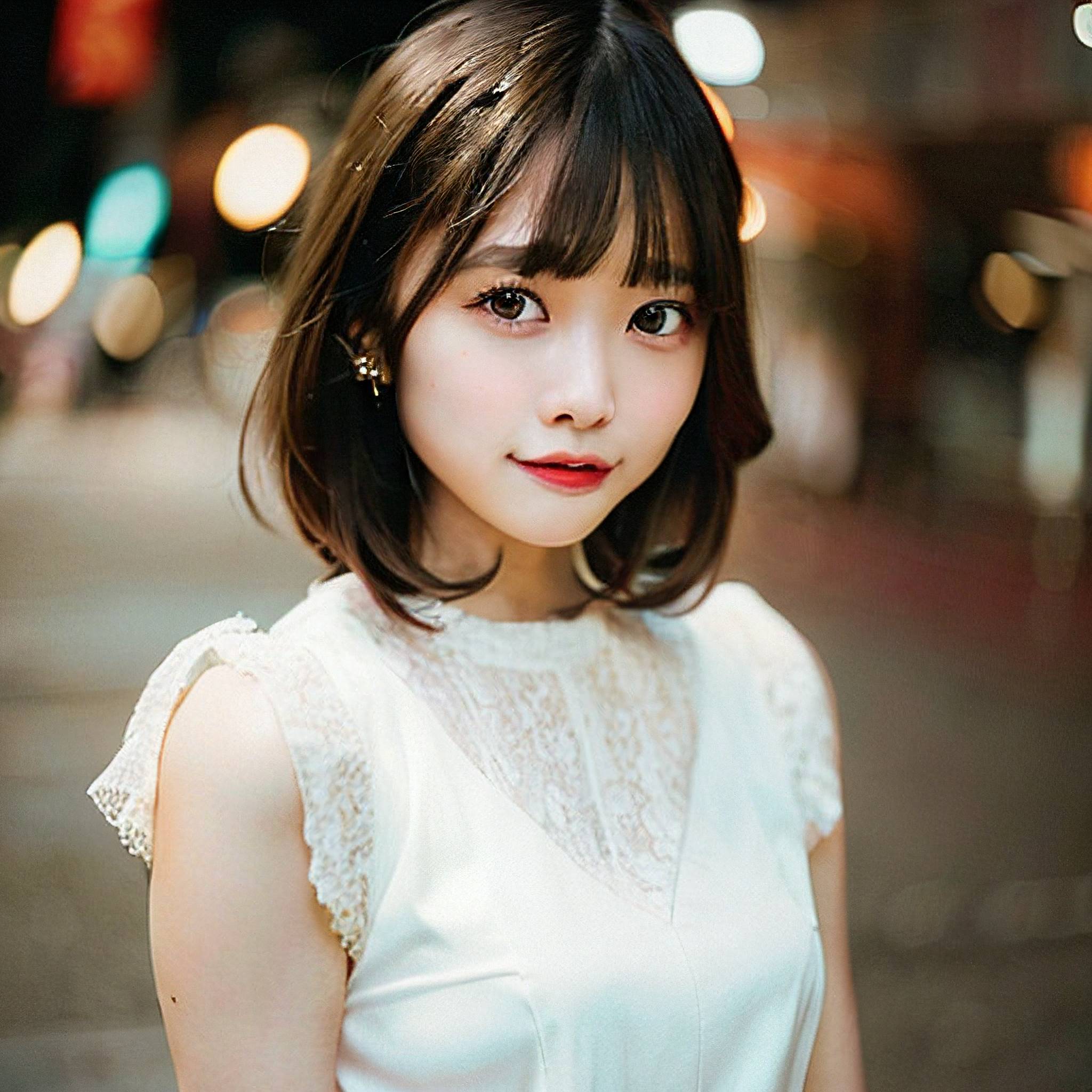a young woman in a white dress posing for a picture 