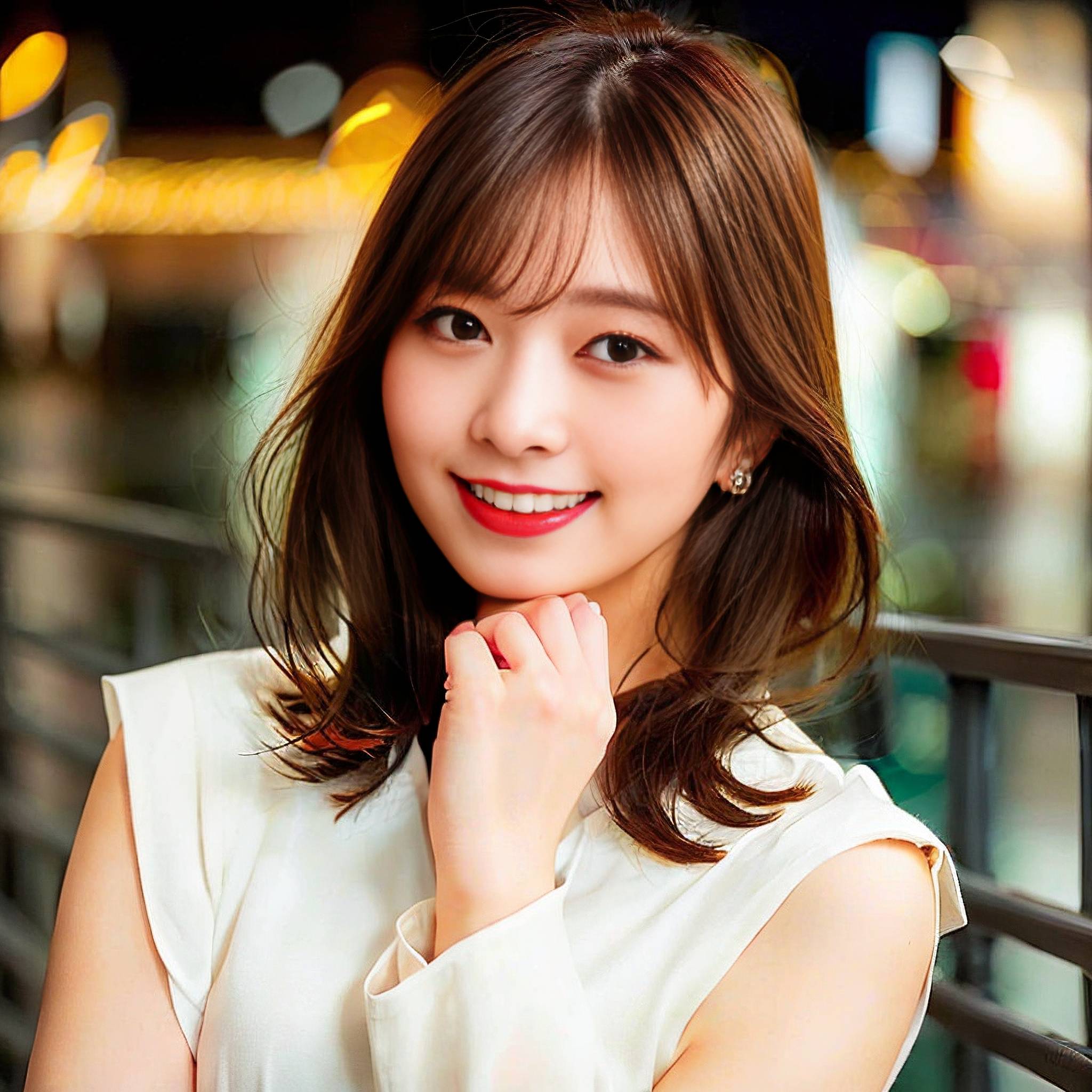 a woman in a white dress smiling at the camera 