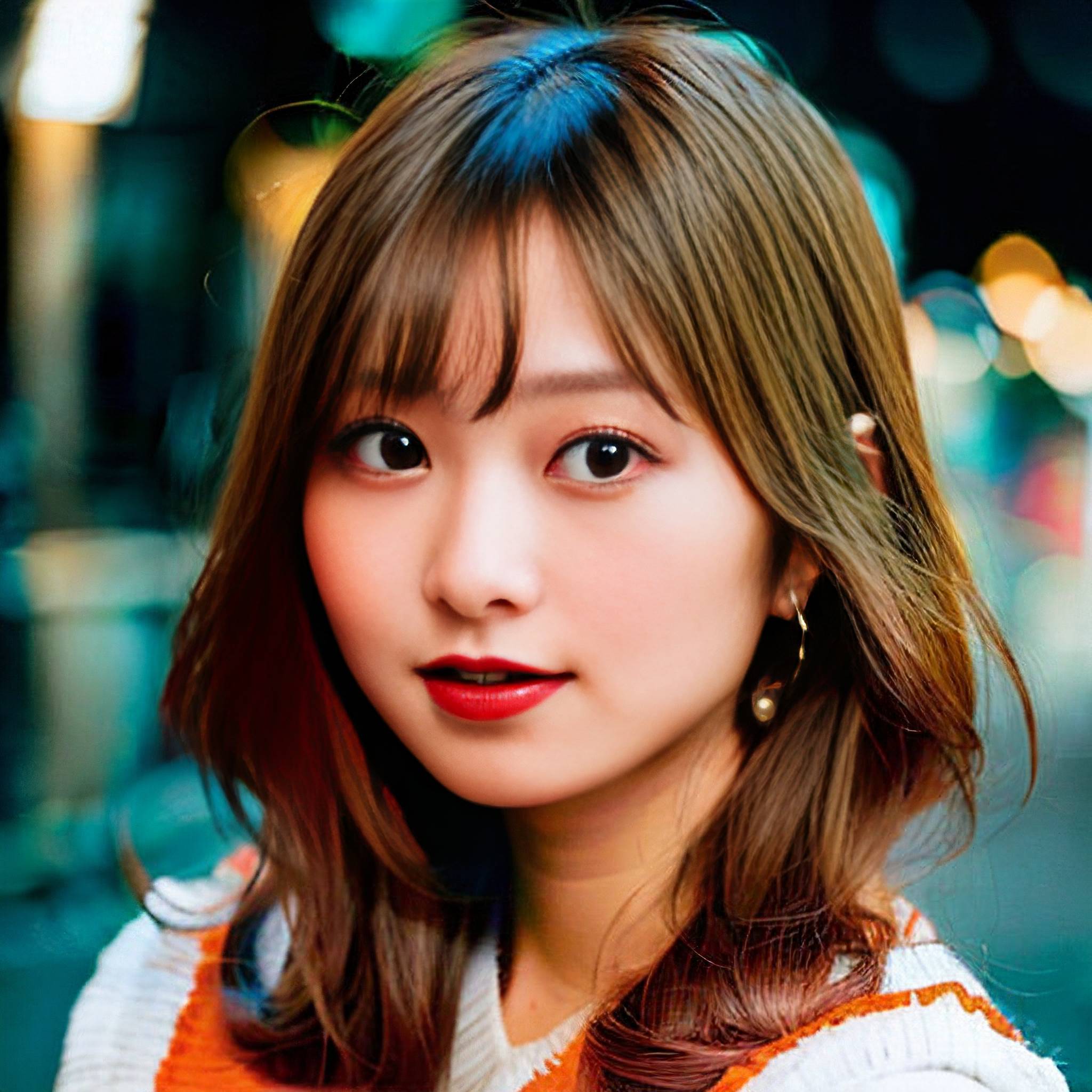 a woman with long hair standing in front of a street 
