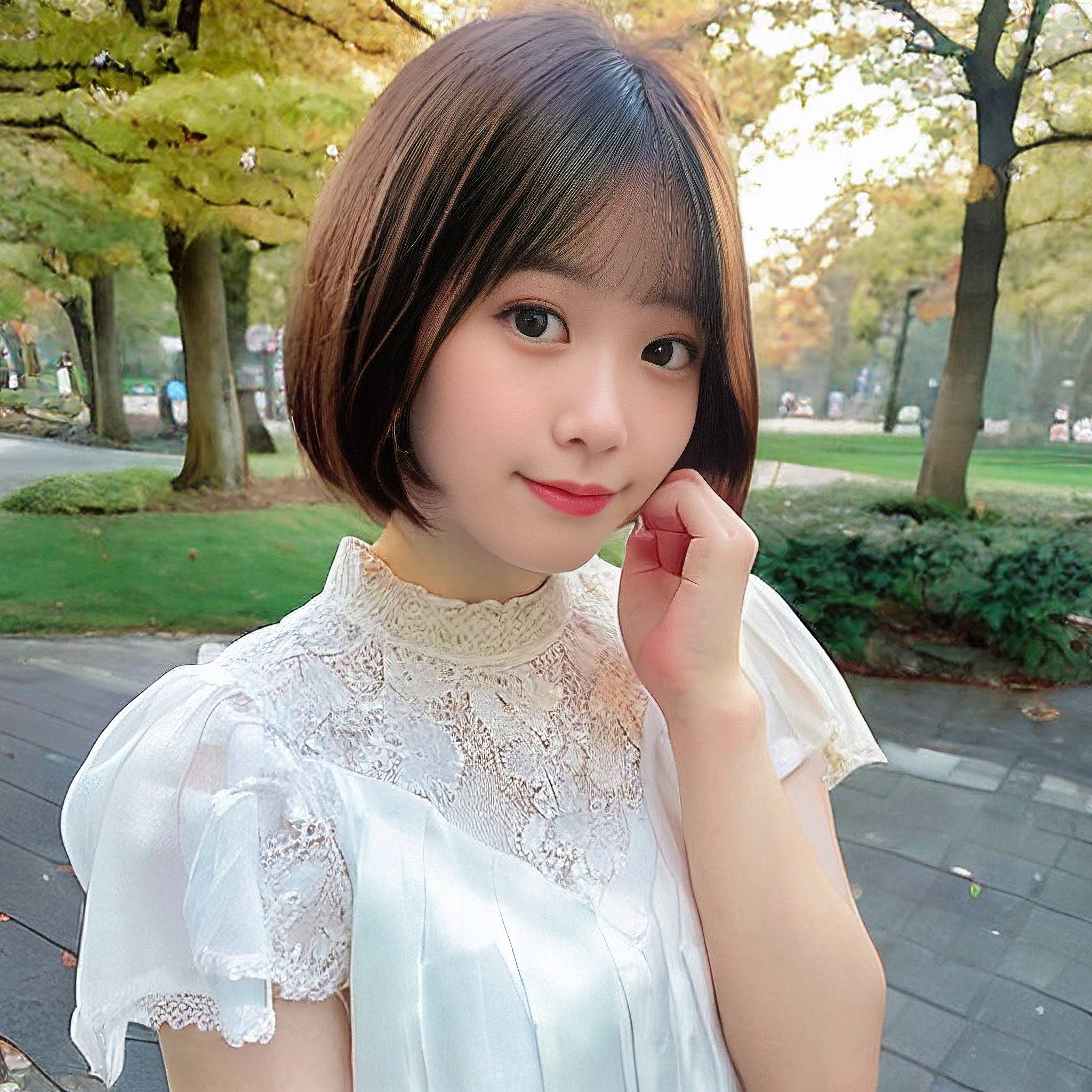 a young girl is posing for a picture in a park 