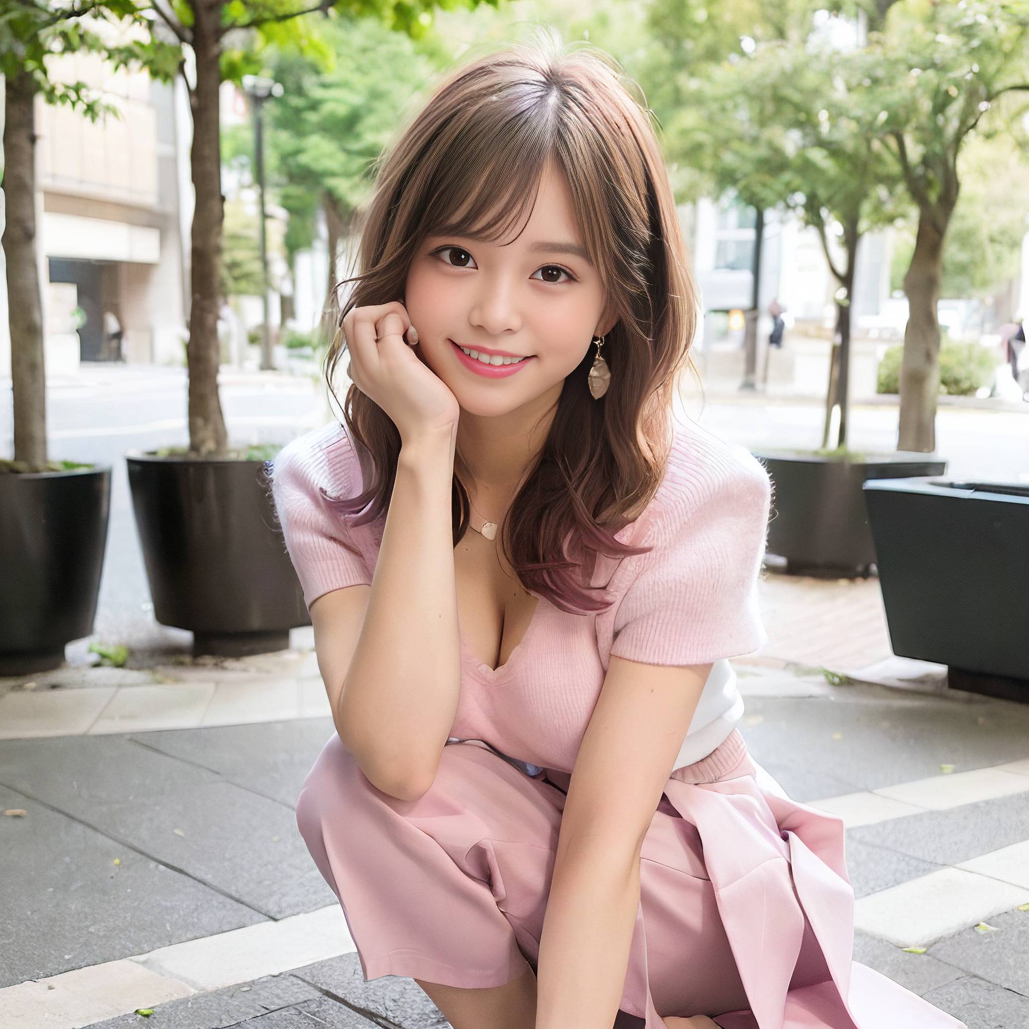a young woman sitting on a sidewalk talking on a cell phone 