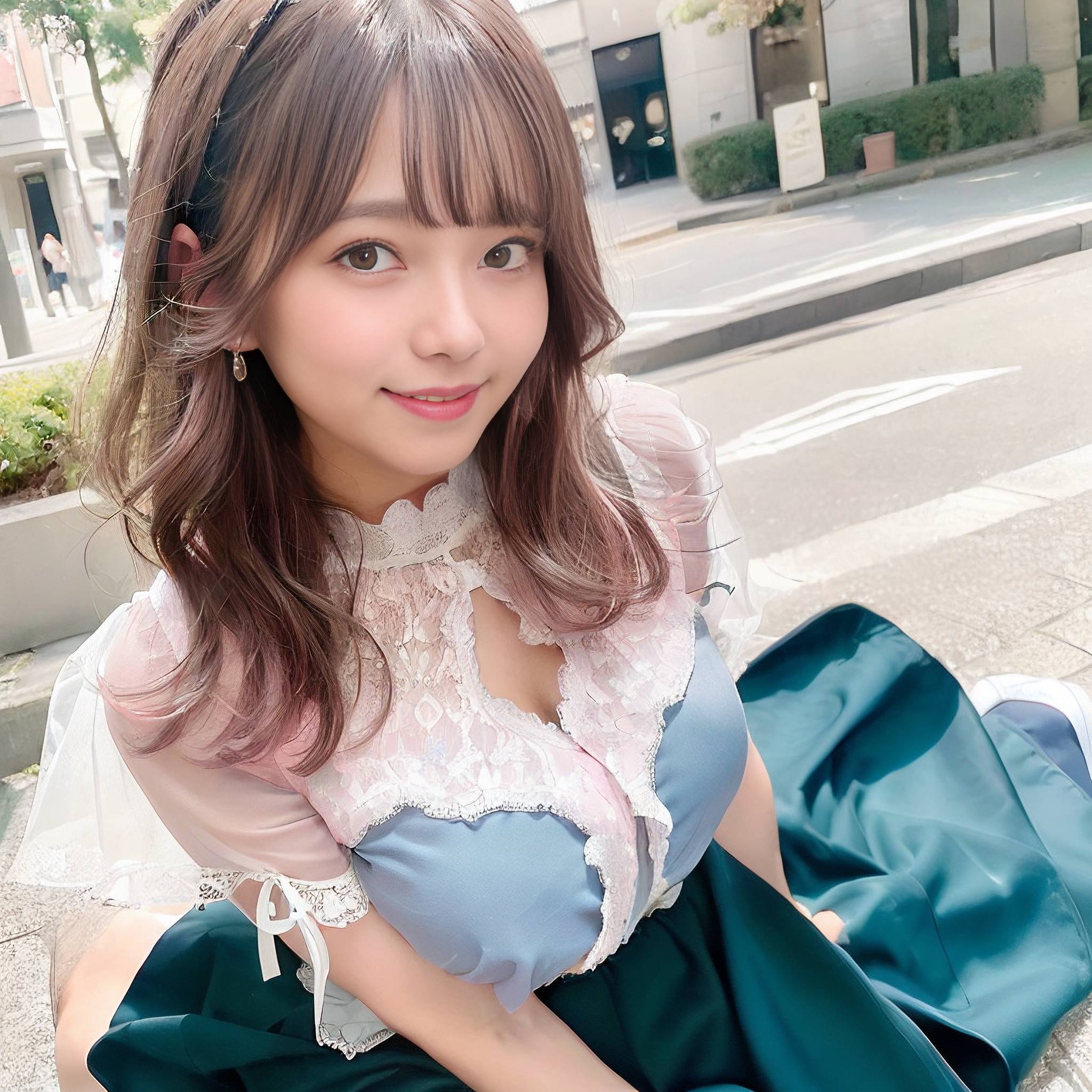 a young woman in a blue dress holding a blue purse 