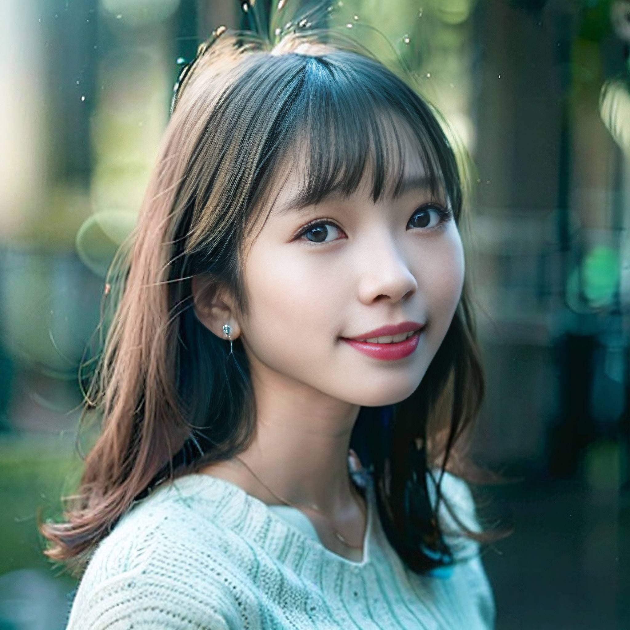 a beautiful young woman standing in front of a window 