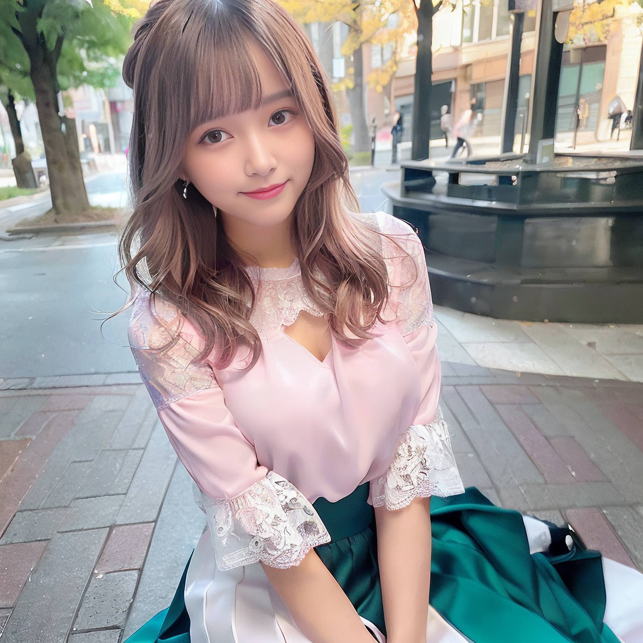 a young girl in a pink dress is posing for a picture 