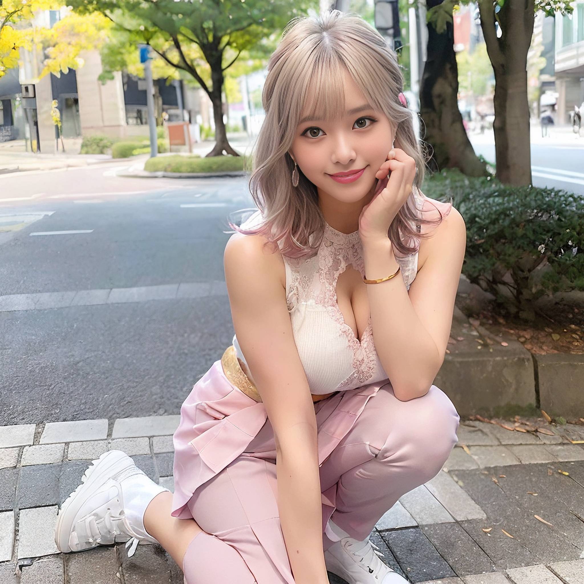 a young woman sitting on a sidewalk with a cell phone 