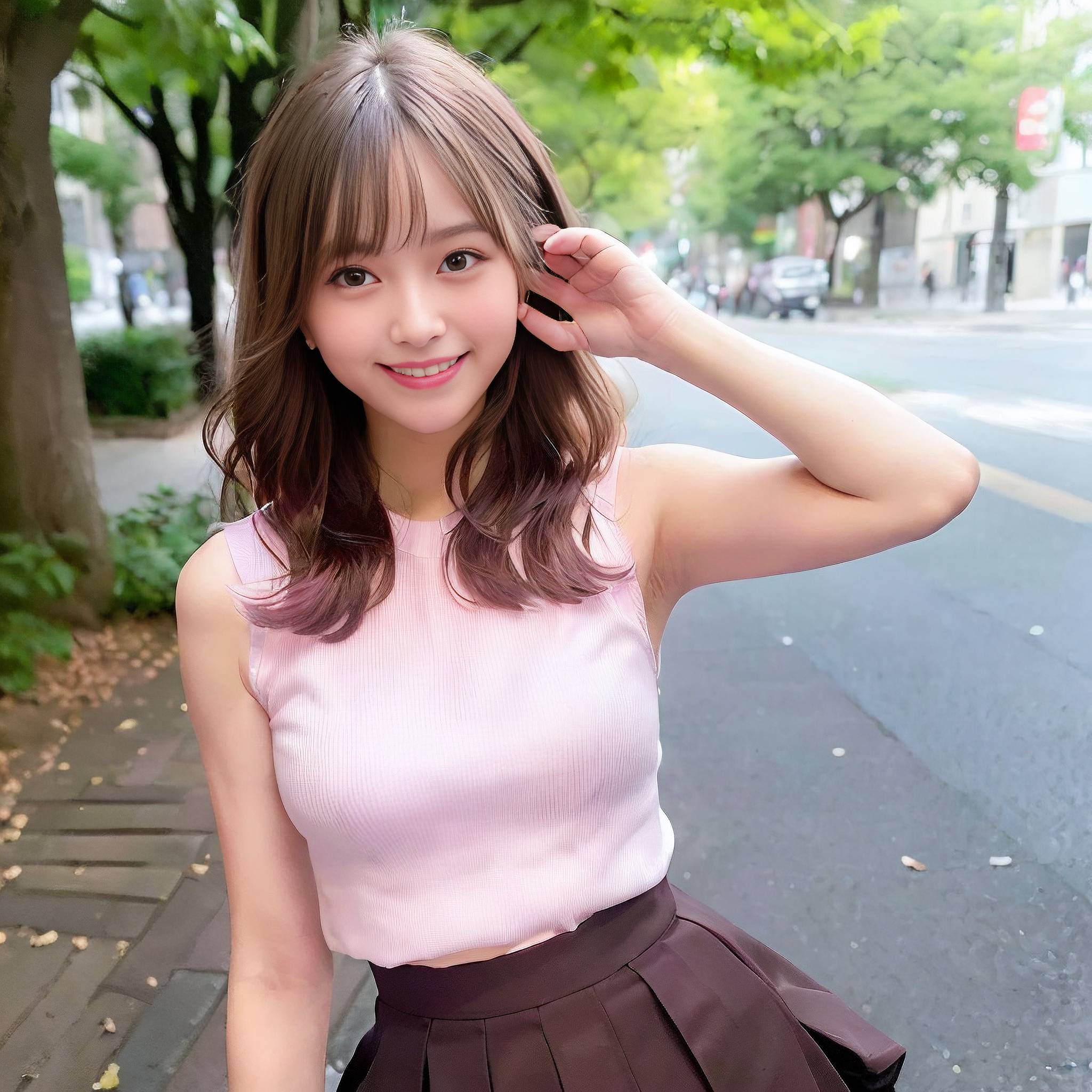 a young girl posing for a picture on a sidewalk 