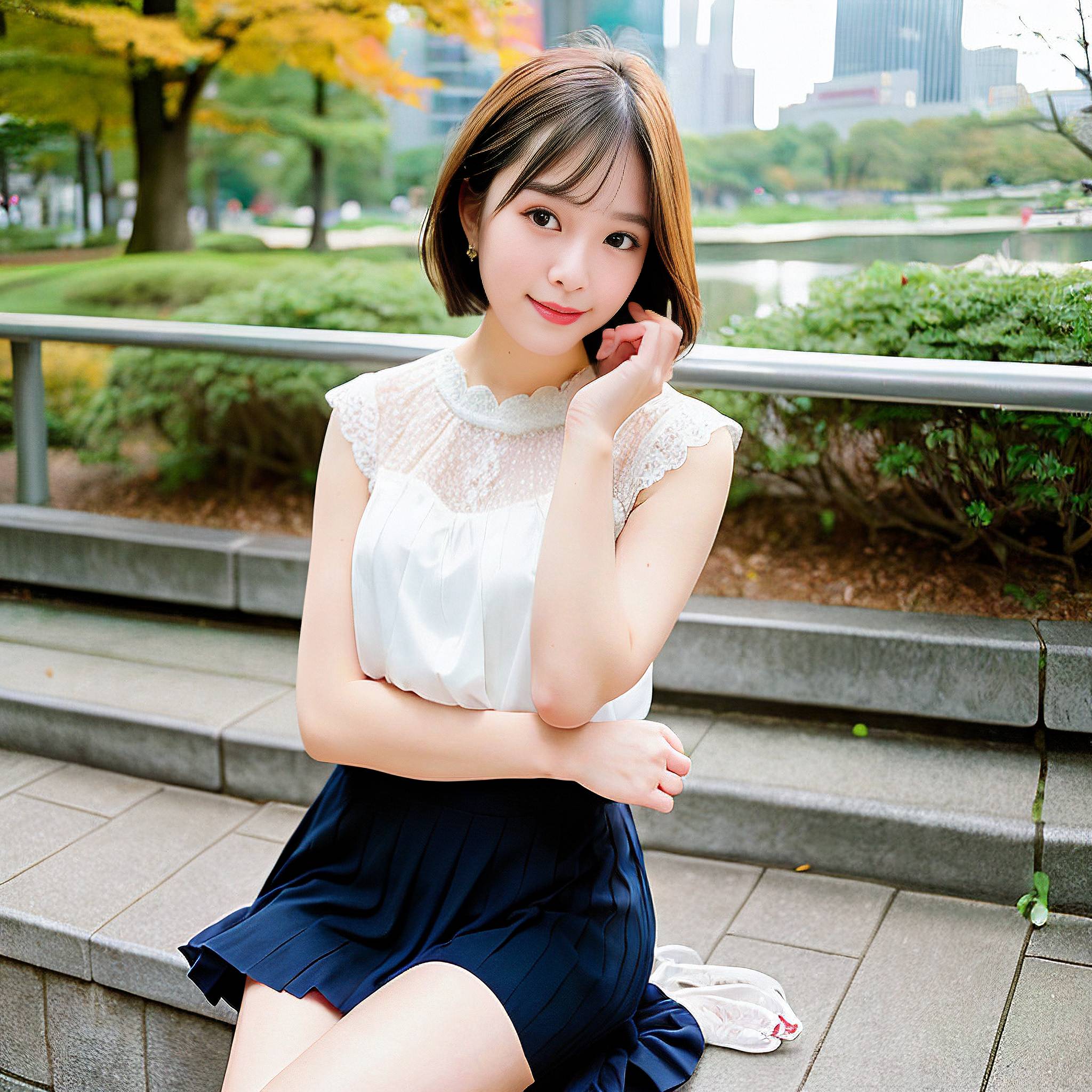 a woman sitting on a sidewalk talking on a cell phone 
