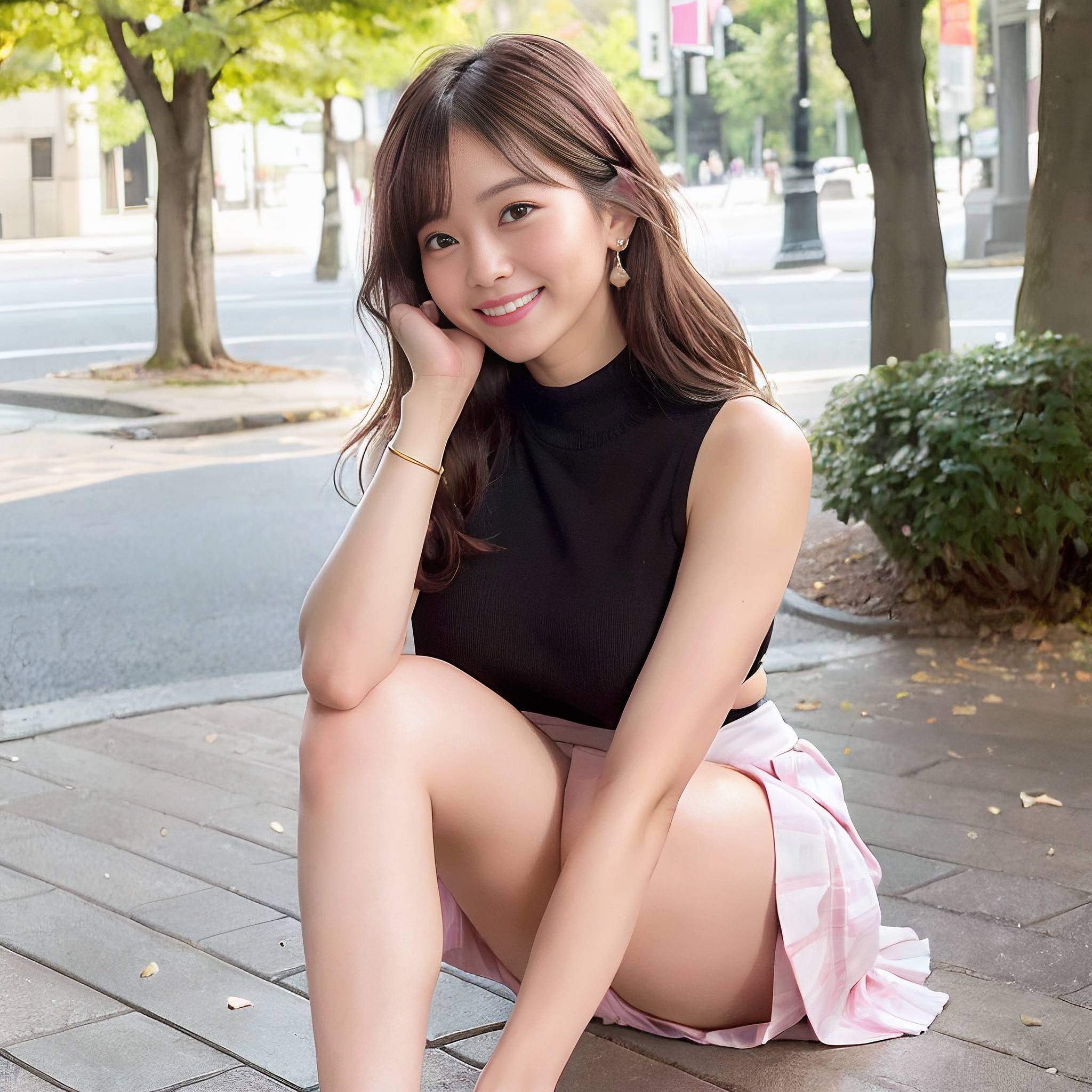 a young woman sitting on a park bench 