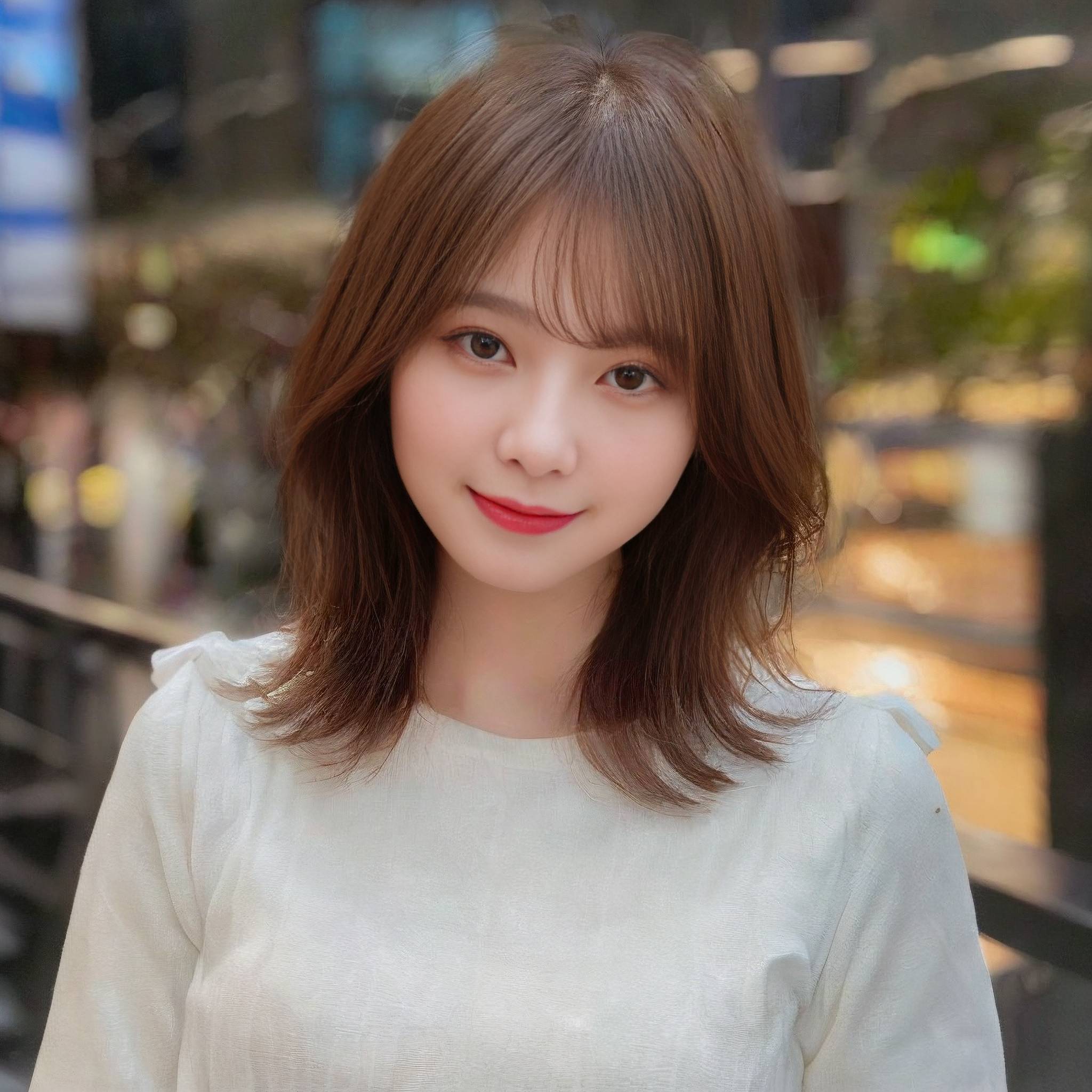 a woman in a white dress smiling at the camera 