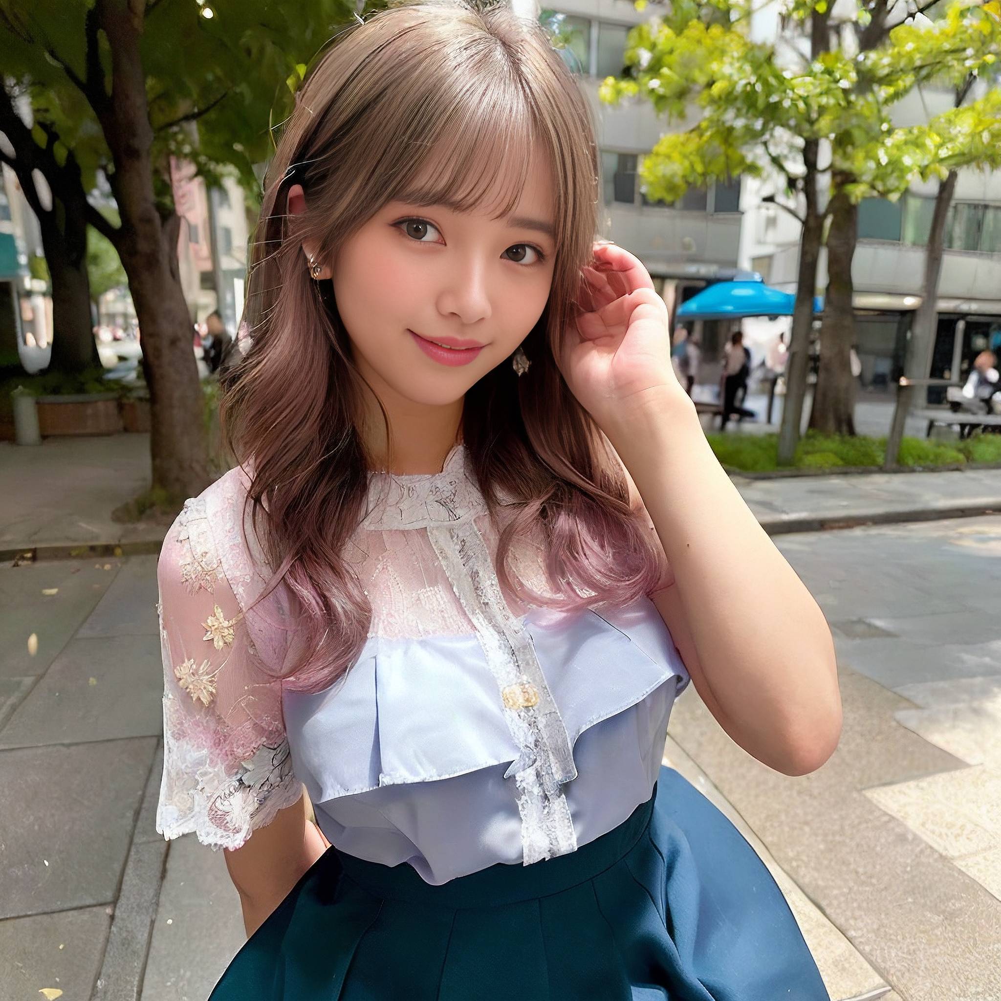 a woman in a blue dress is holding a cell phone 