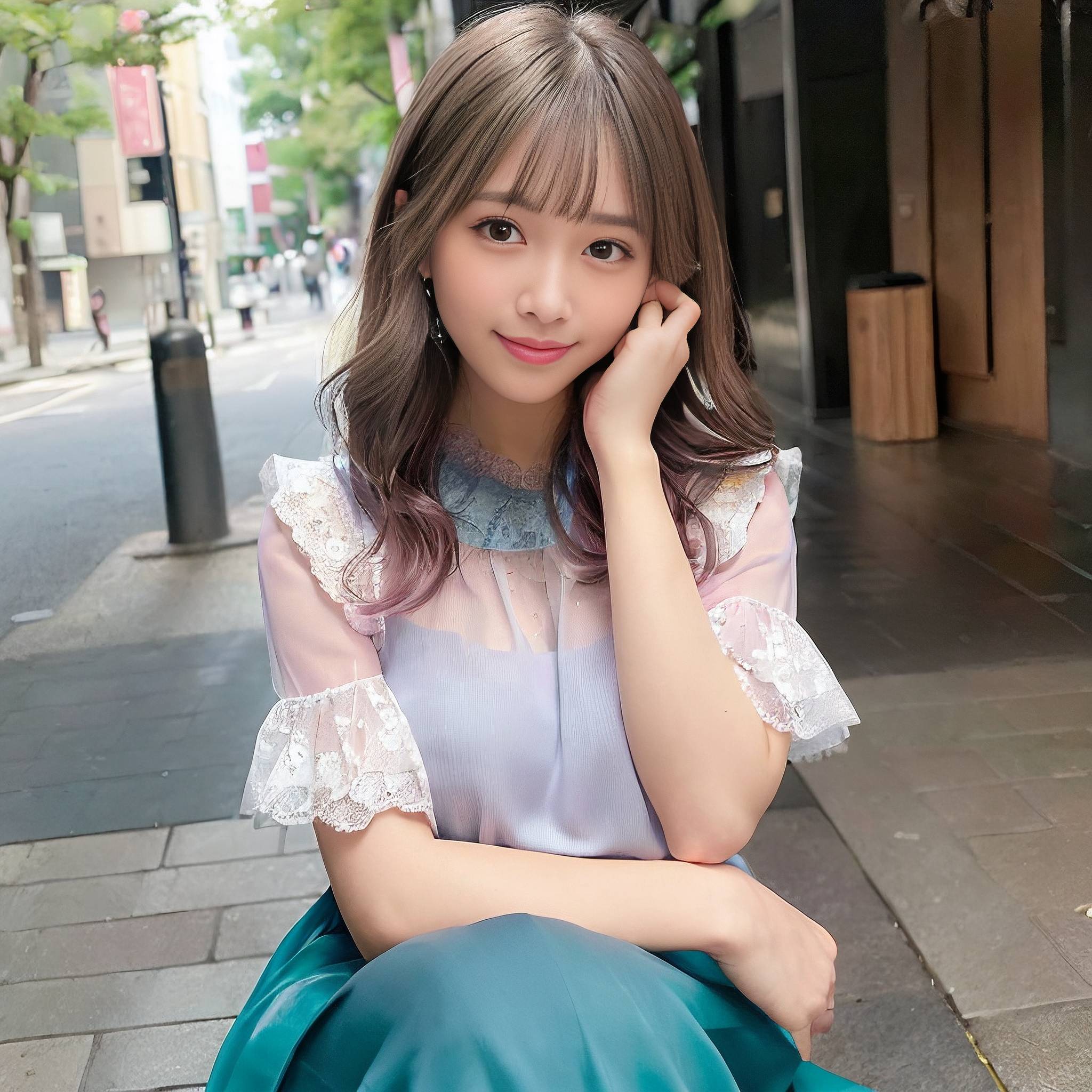 a young girl is sitting on the sidewalk 