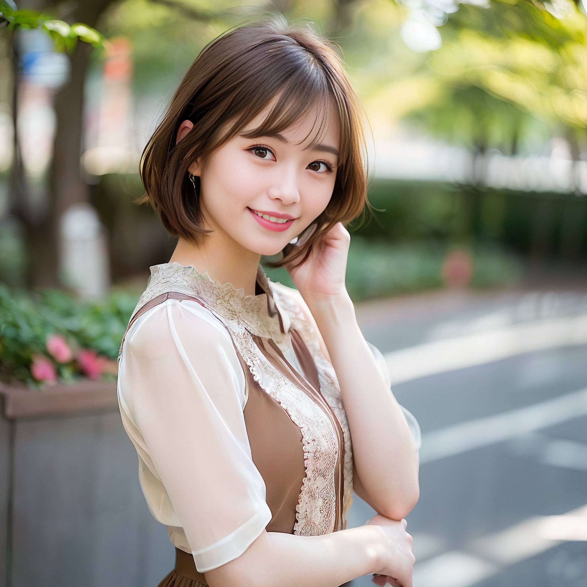 a woman in a pink dress is standing on a sidewalk 