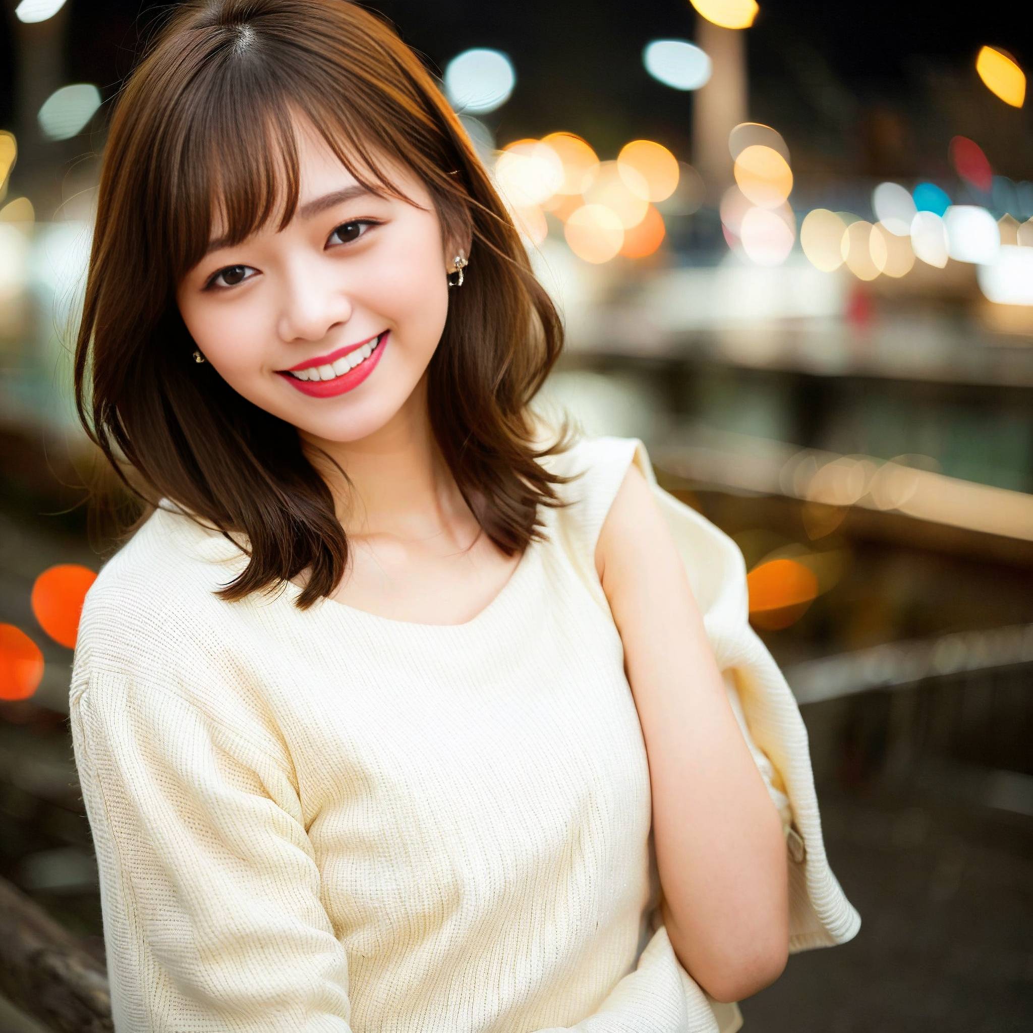 a beautiful young woman posing for a picture in front of a large body of water 