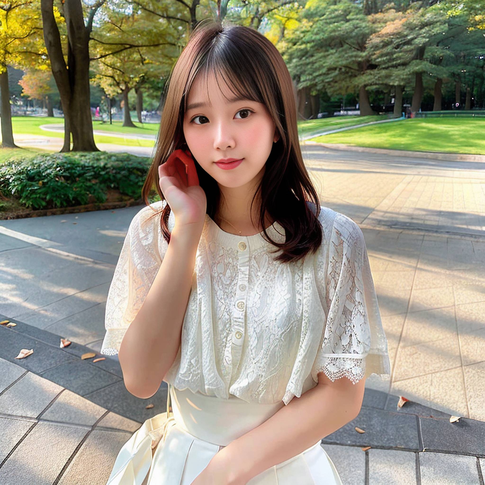 a young woman in a white dress talking on a cell phone 