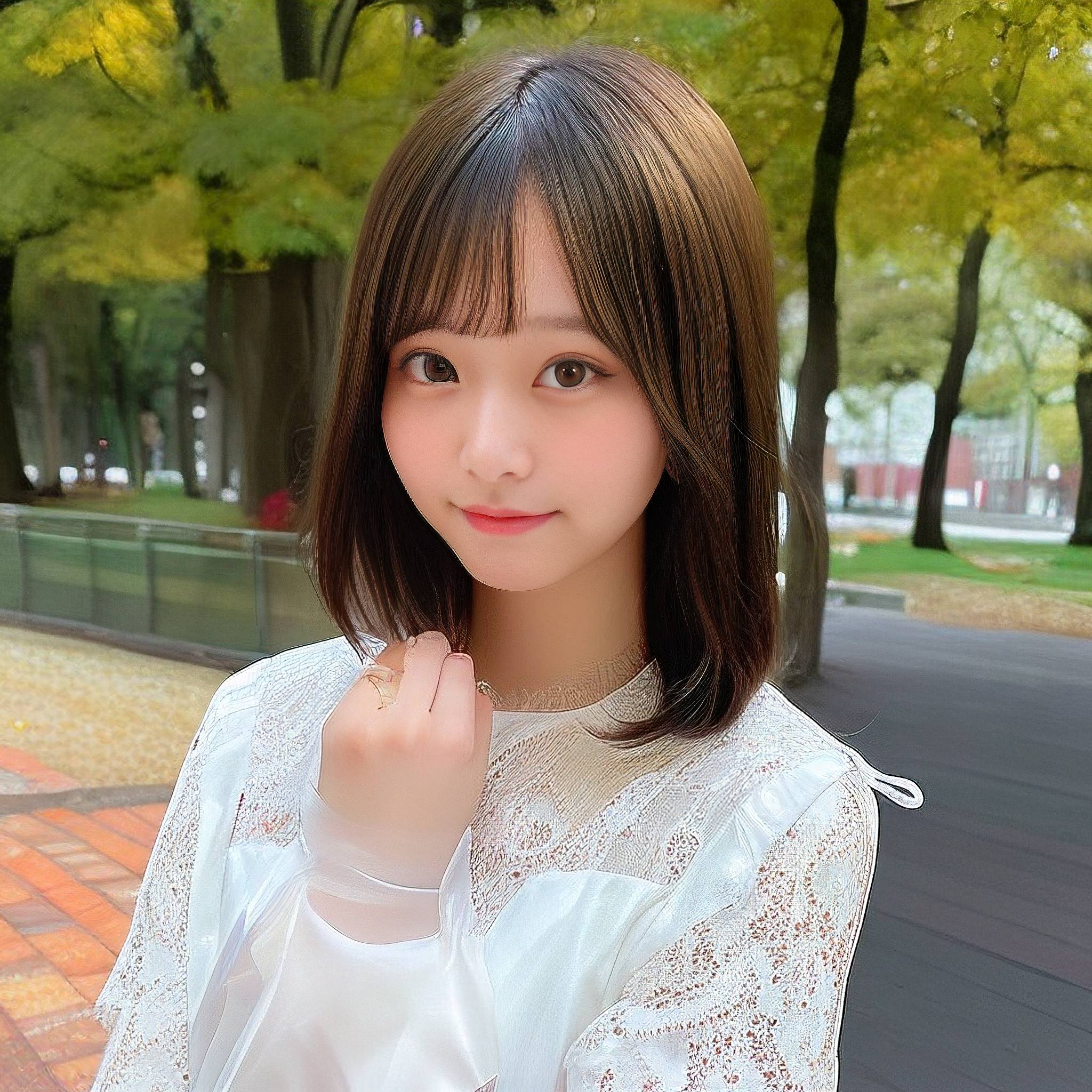 a young girl posing for a picture in front of a tree 