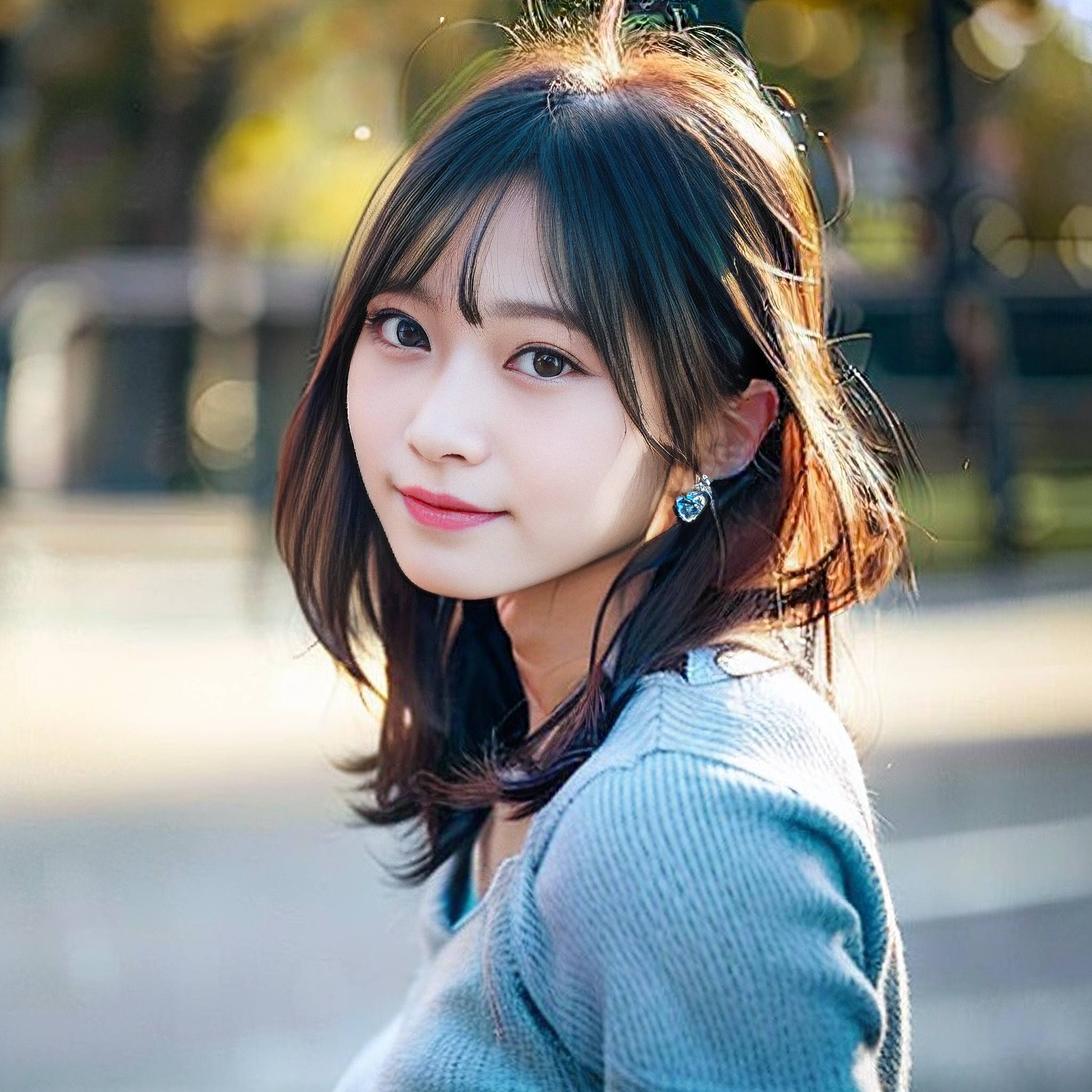 a young woman is smiling while standing on a sidewalk 
