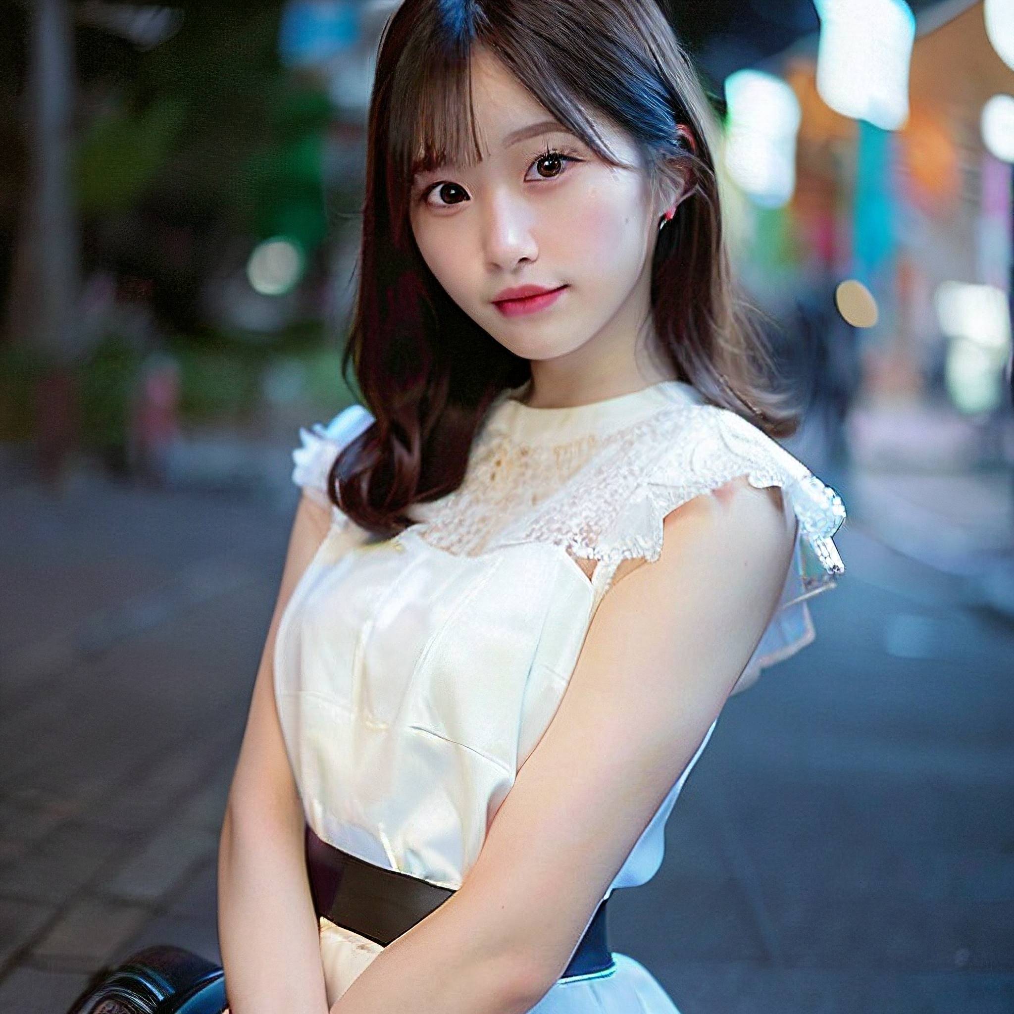 a beautiful young woman sitting on a city street 