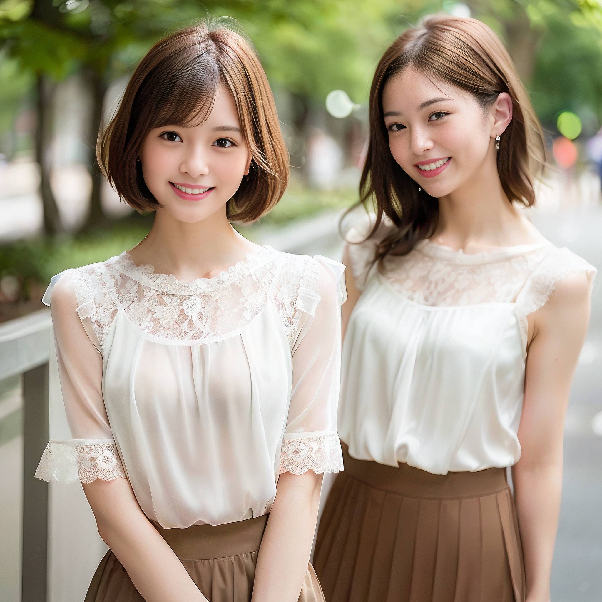 two beautiful young women standing next to each other 