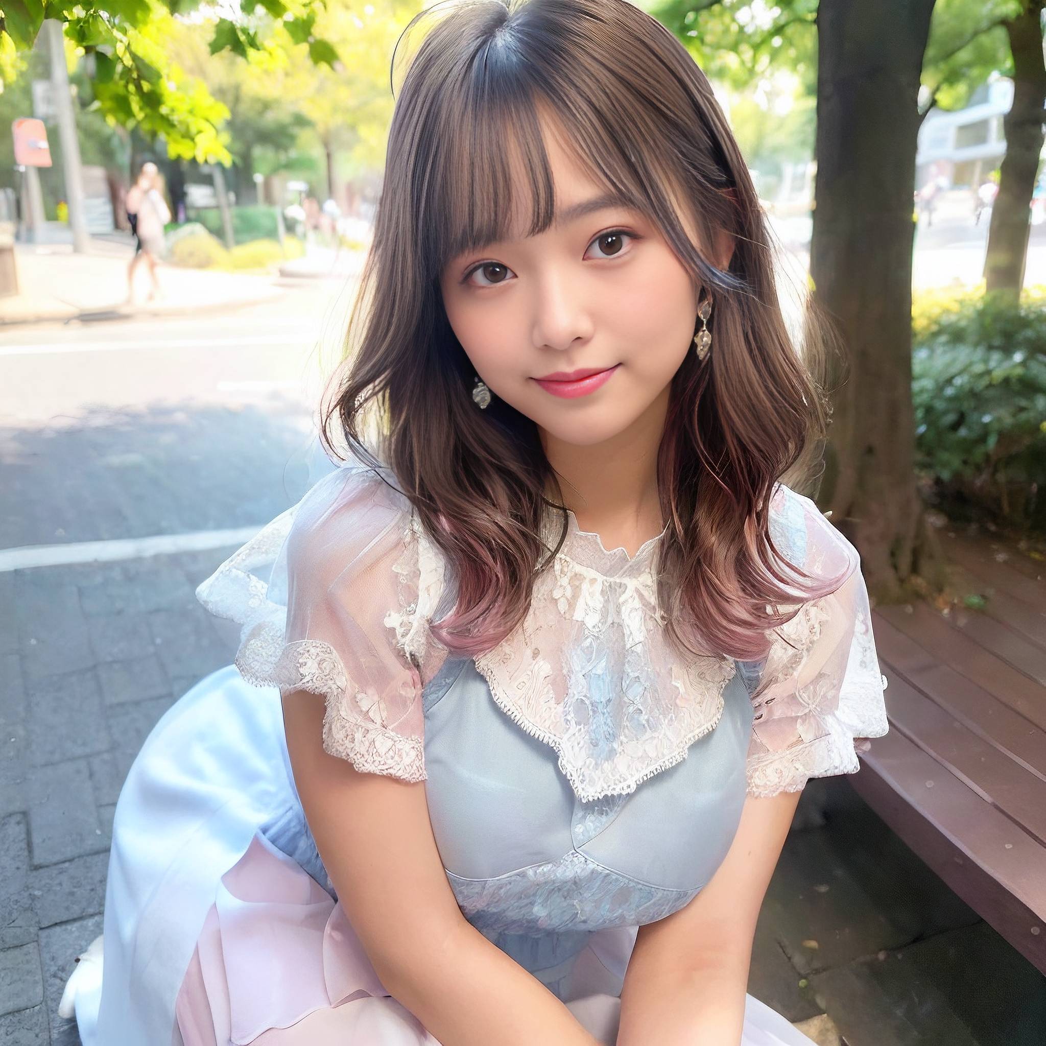 a beautiful young lady sitting on a park bench 