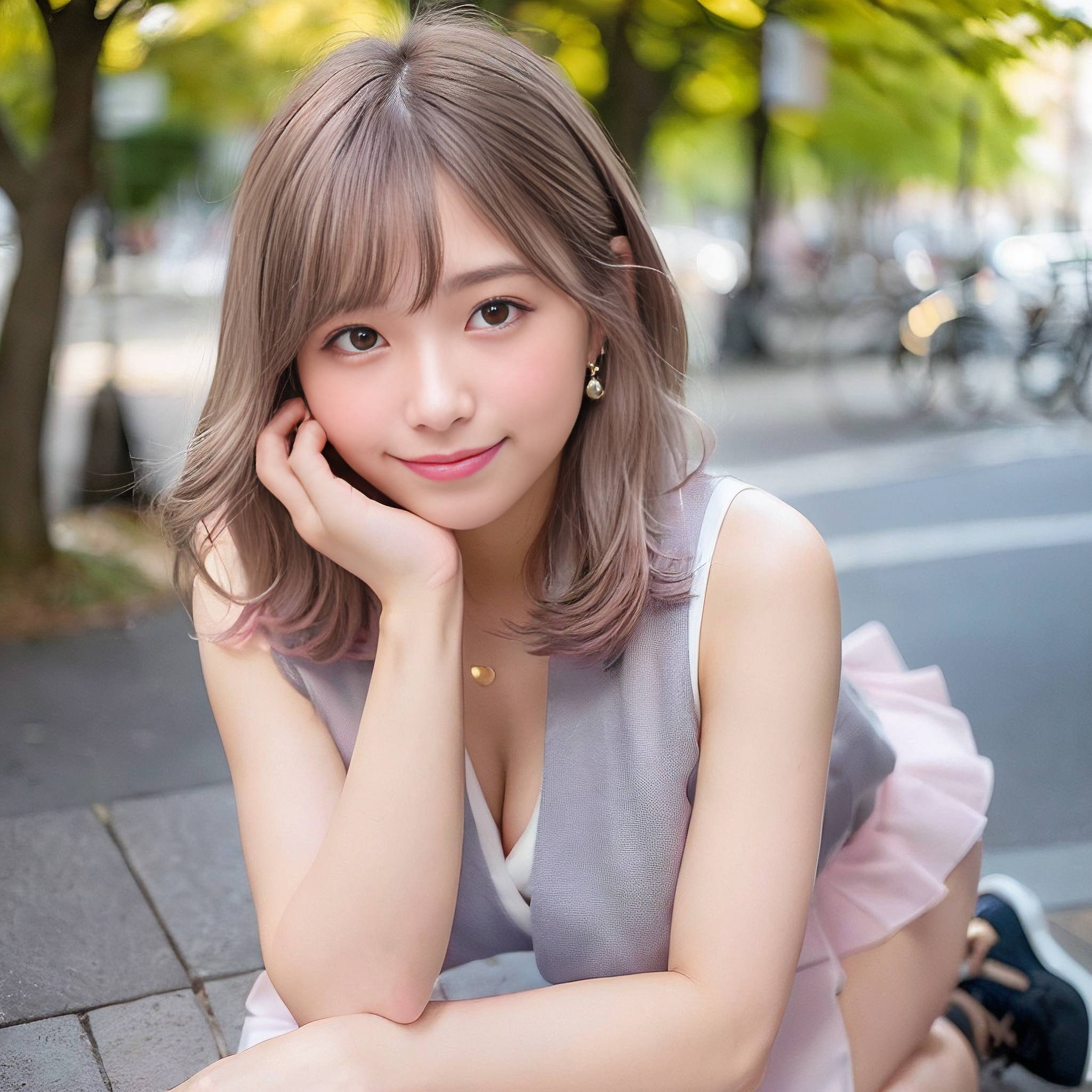 a beautiful young woman sitting on the side of a road 