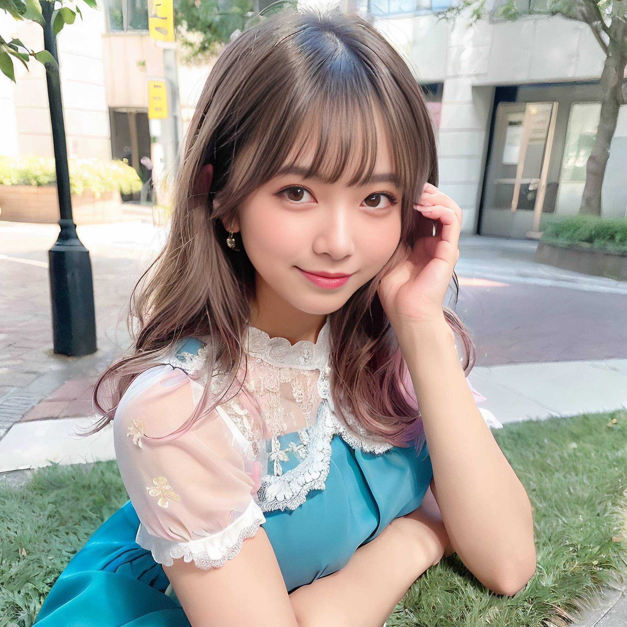 a young woman is smiling while holding a cell phone 