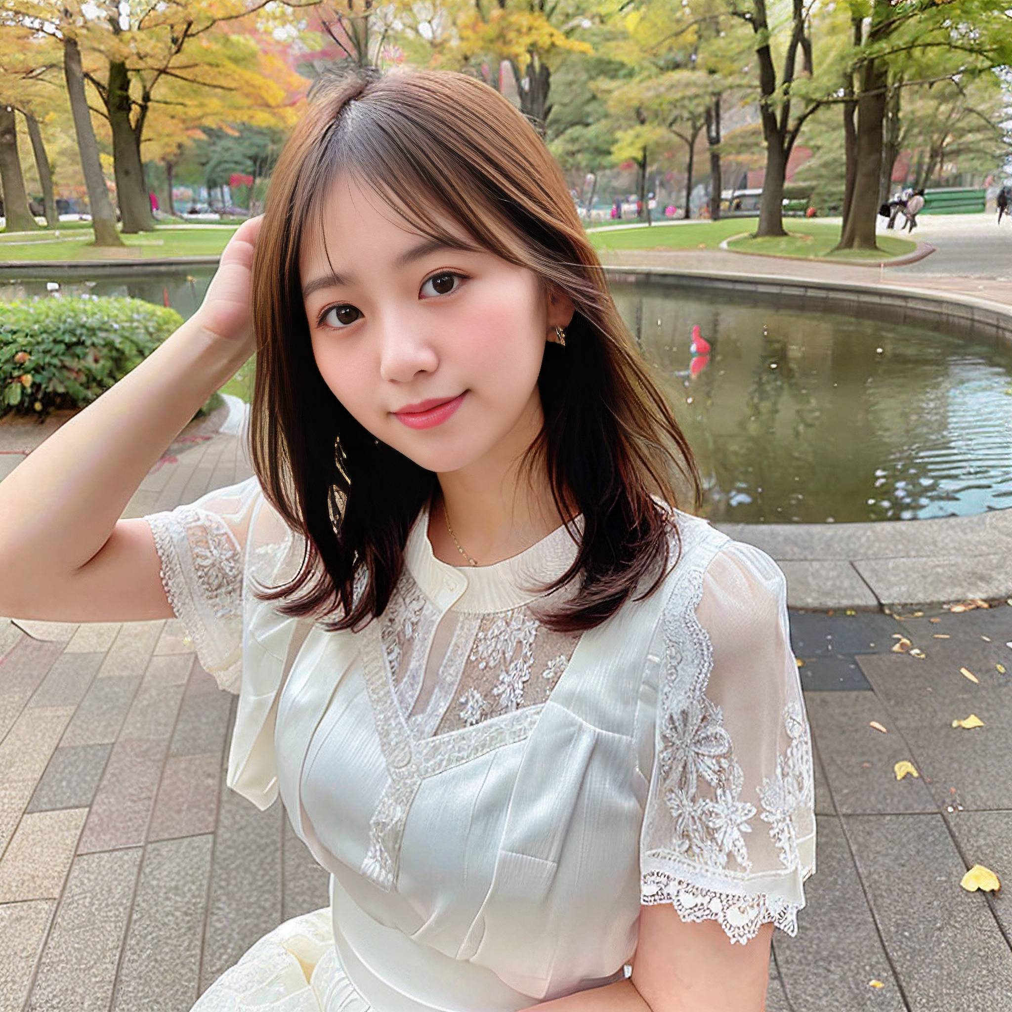 a beautiful young woman posing for a picture in front of a river 