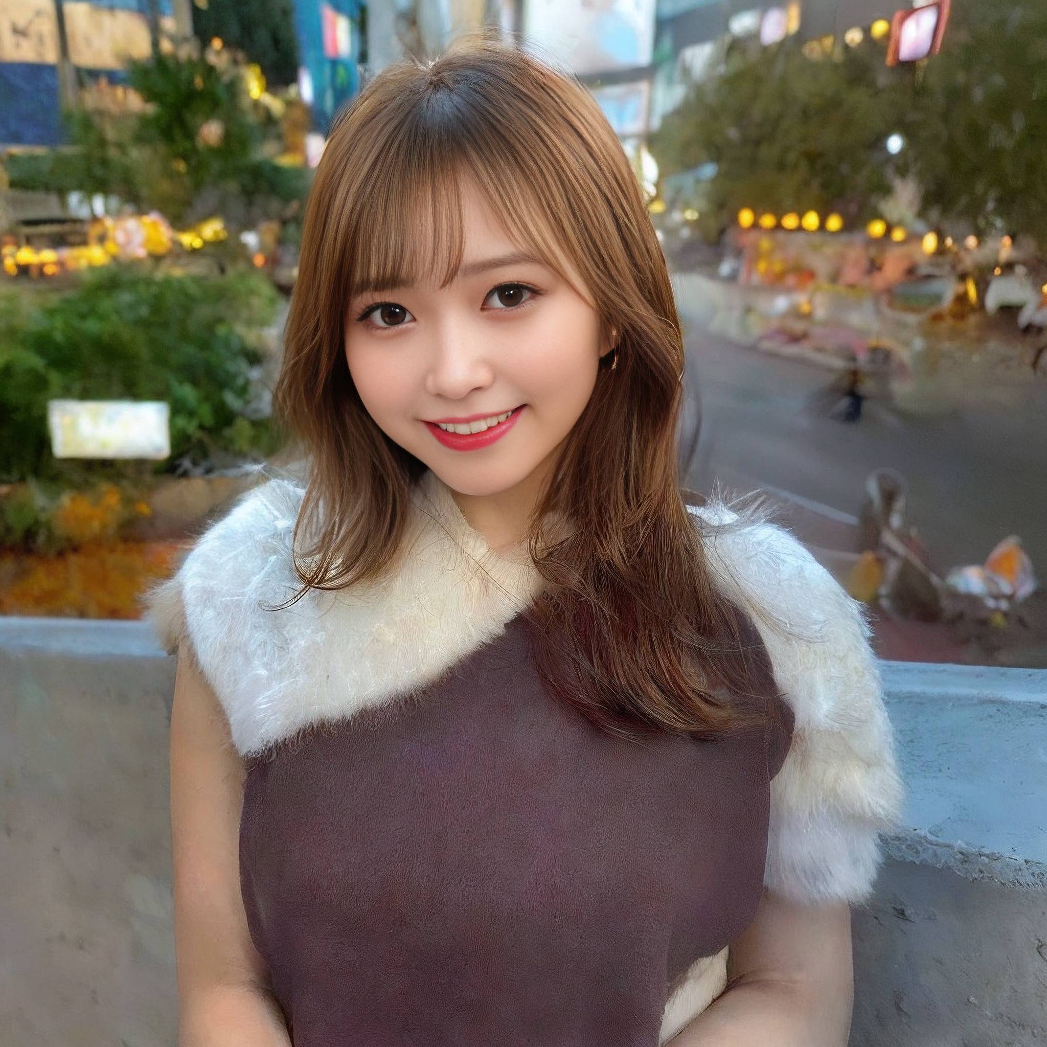 a young girl posing for a picture in front of a building 