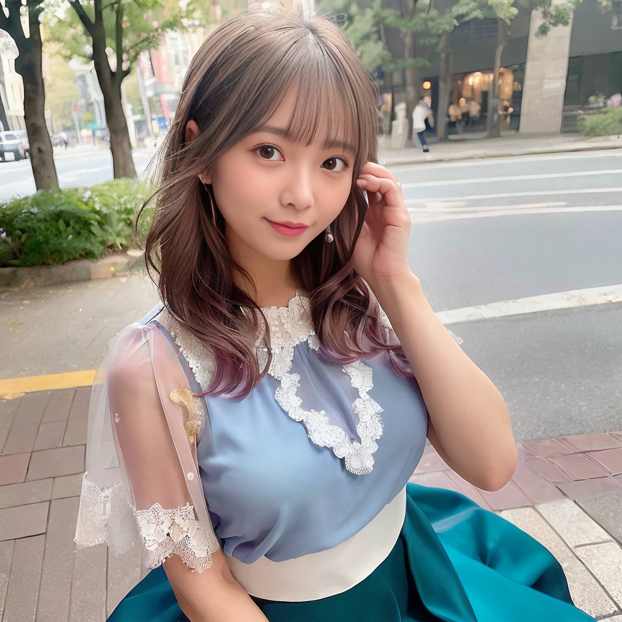 a woman in a blue dress talking on a cell phone 