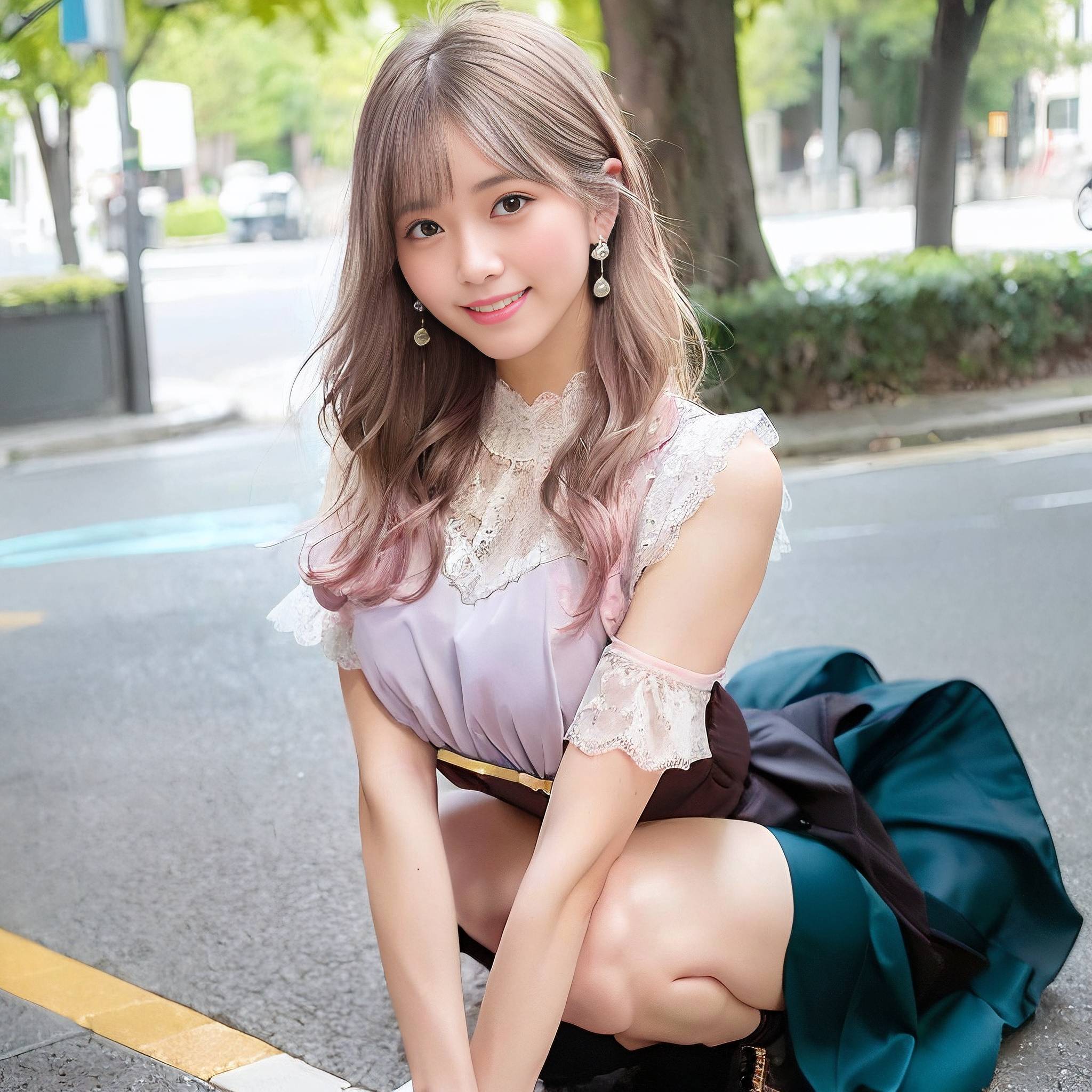 a young woman sitting on the side of a road holding a bag 
