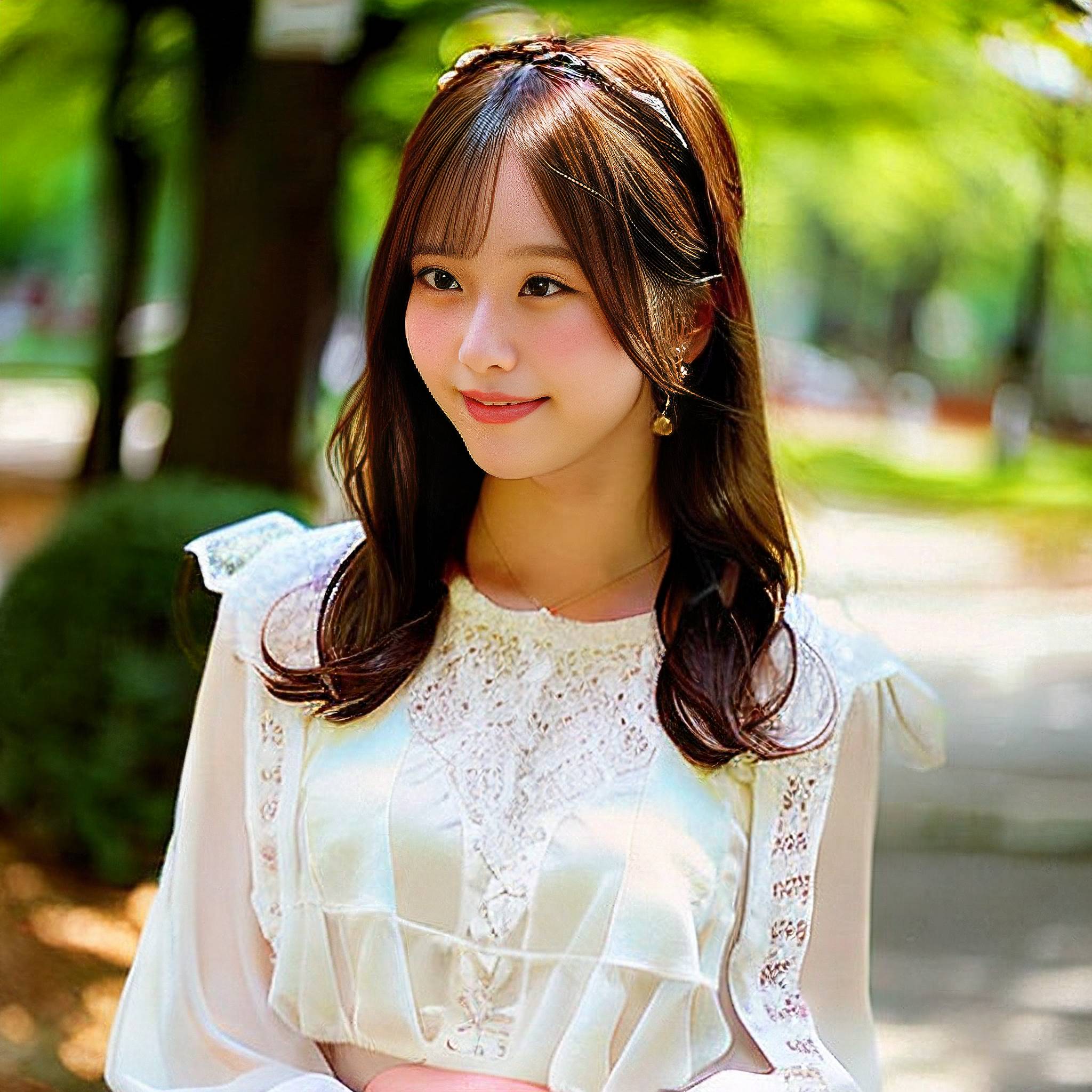 a young woman in a white dress posing for a picture 