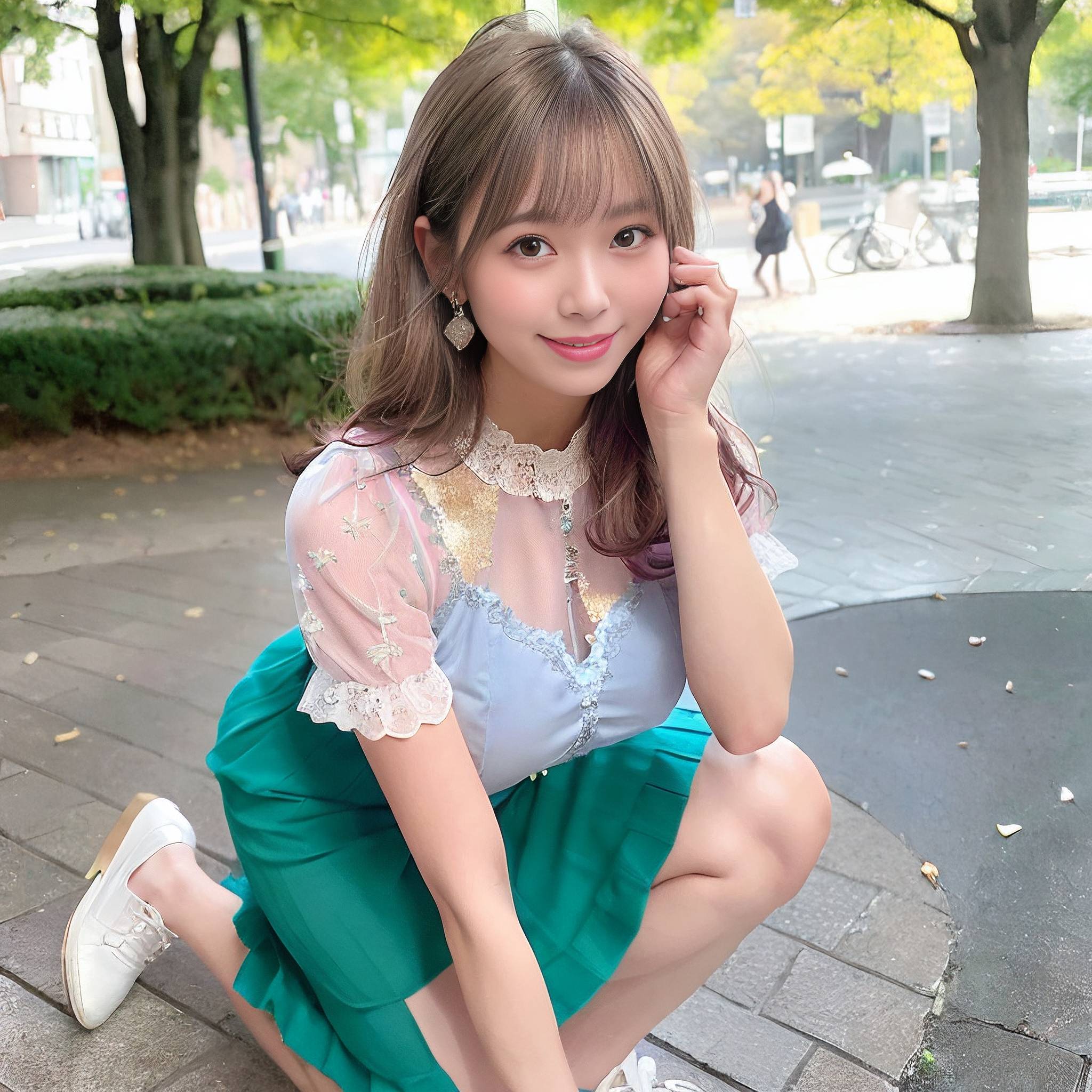 a young woman wearing a pink dress and holding a cell phone 