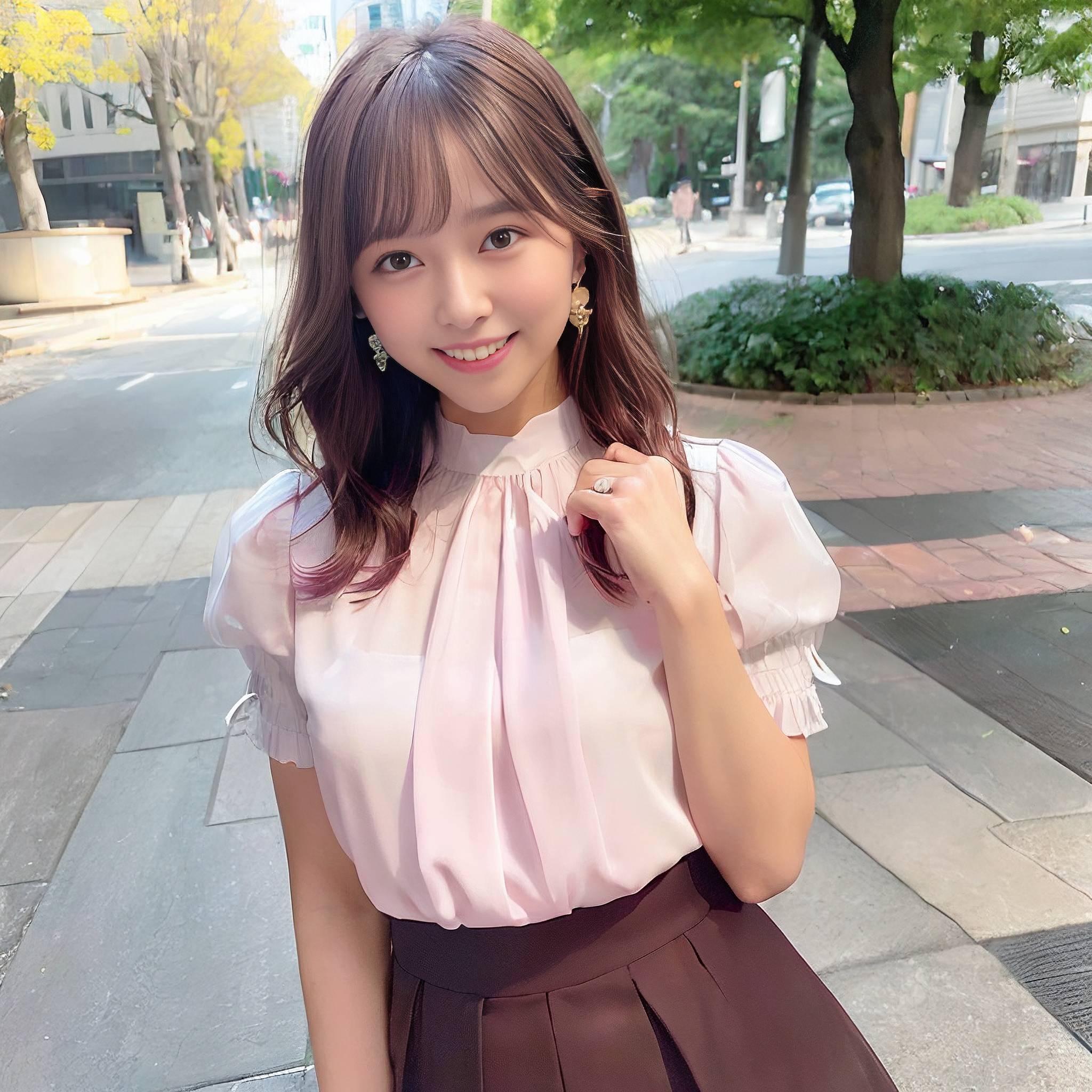 a young girl posing for a picture on a sidewalk 