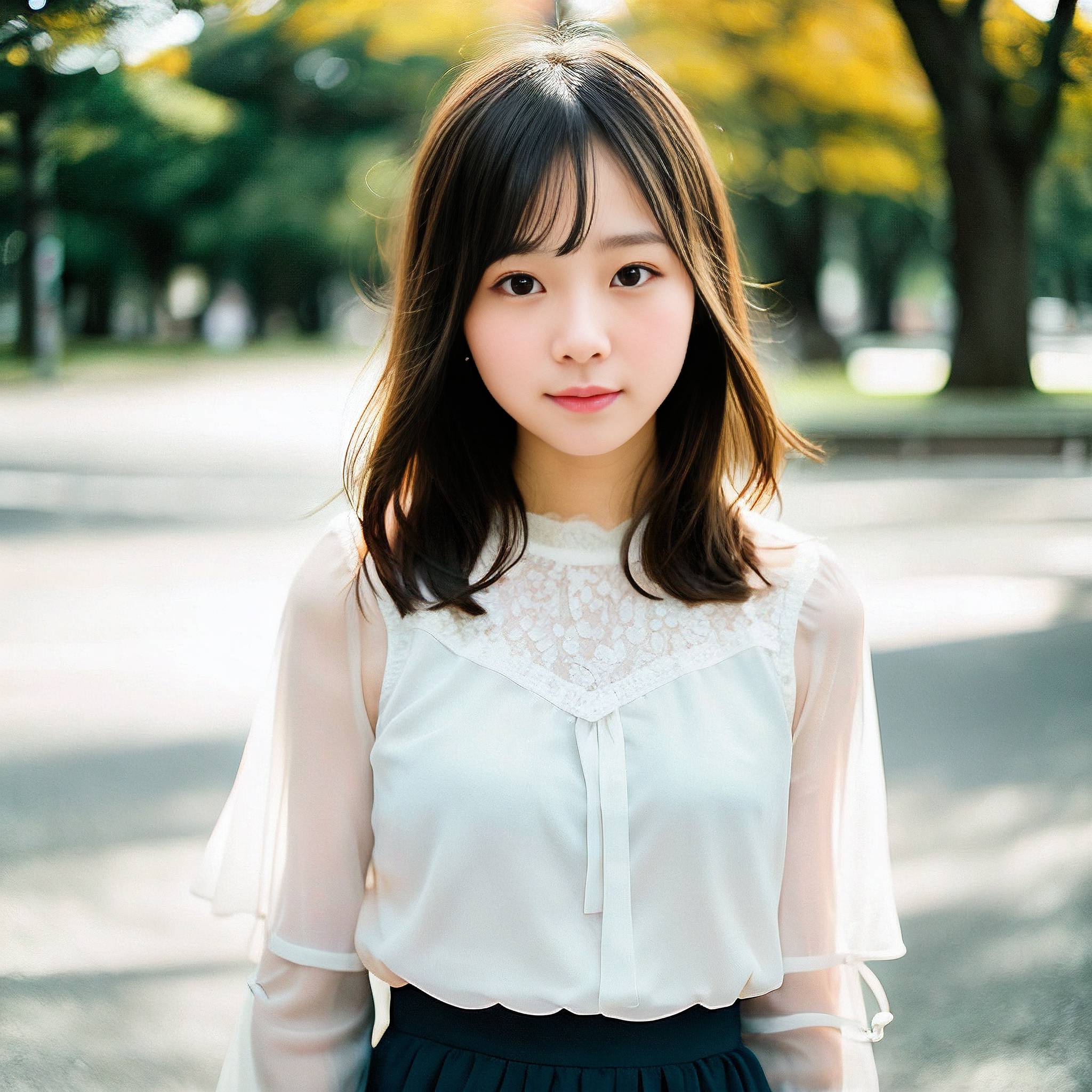 a young girl posing for a picture in a park 