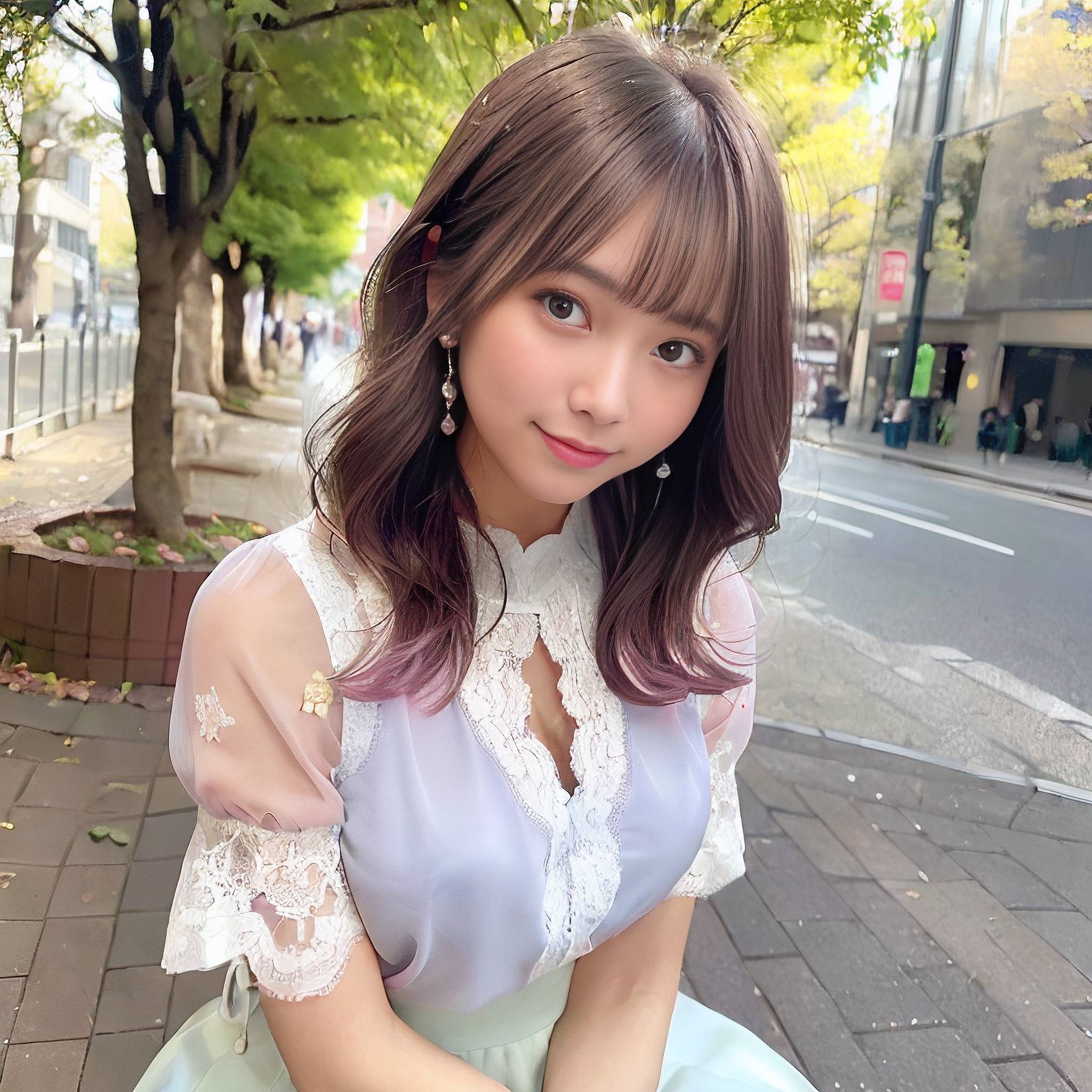 a woman is posing for a picture on a sidewalk 