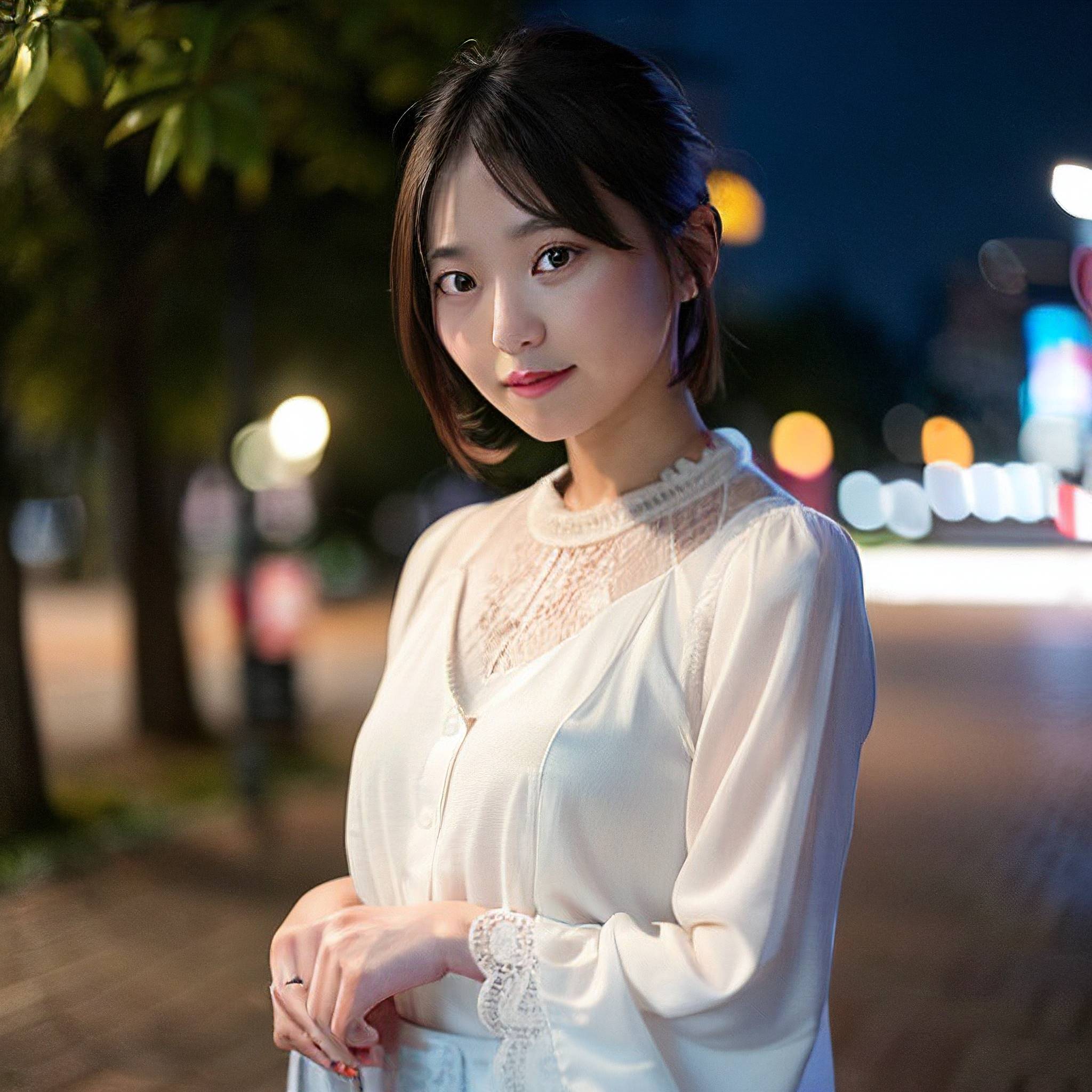 a woman in a white dress standing next to a street 
