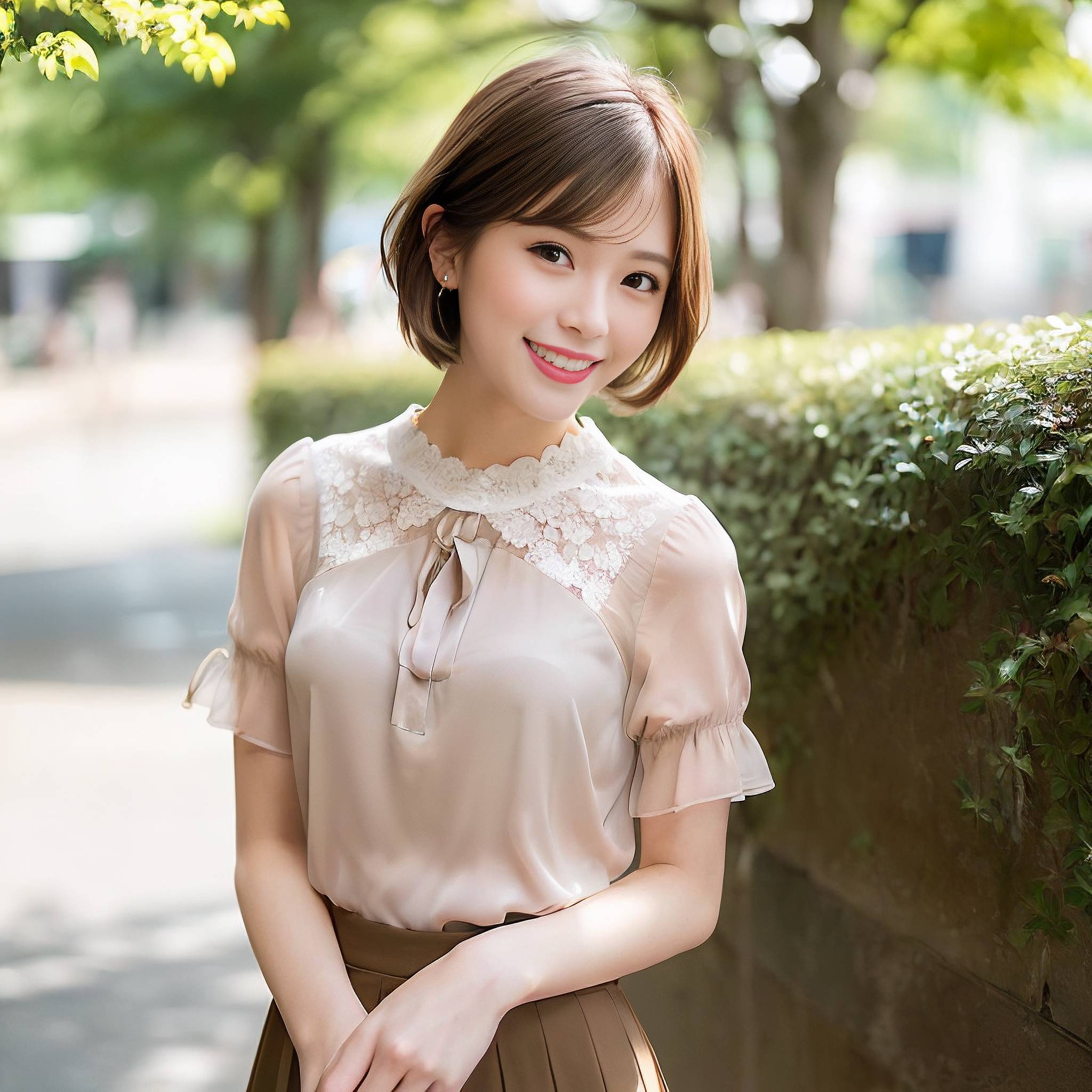 a woman in a dress standing next to a tree 