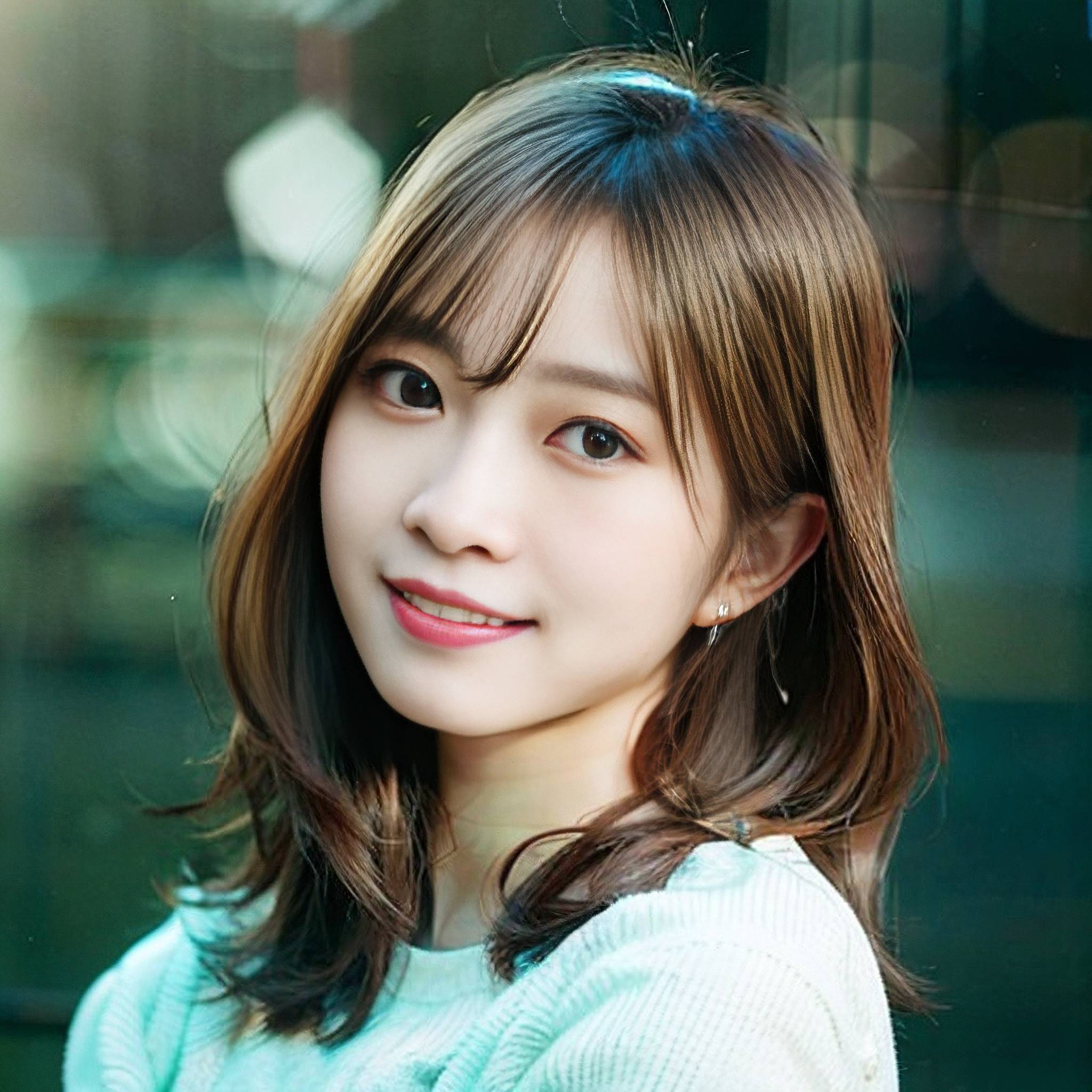 a young woman is smiling while looking at her cell phone 