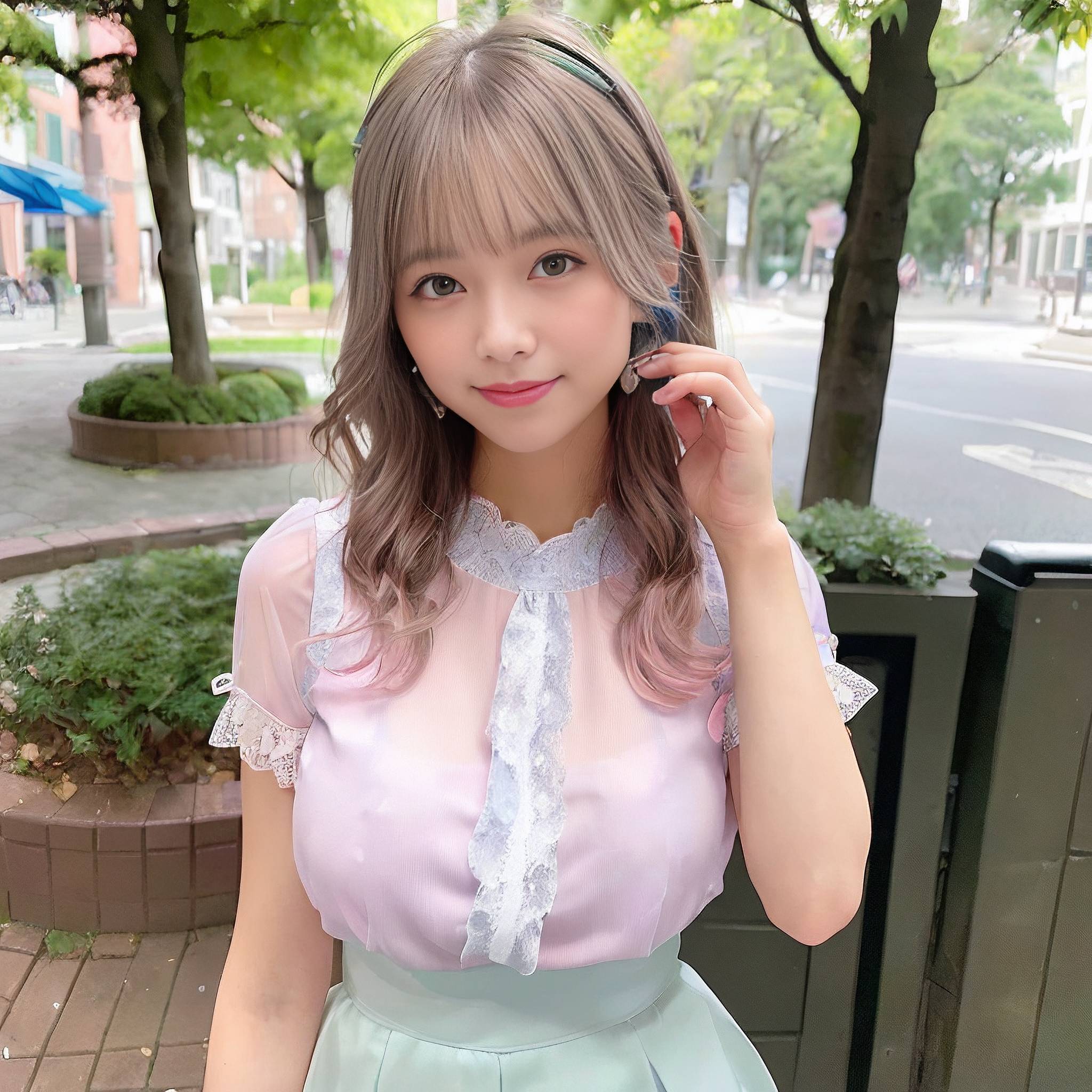 a woman in a pink dress holding a cell phone 